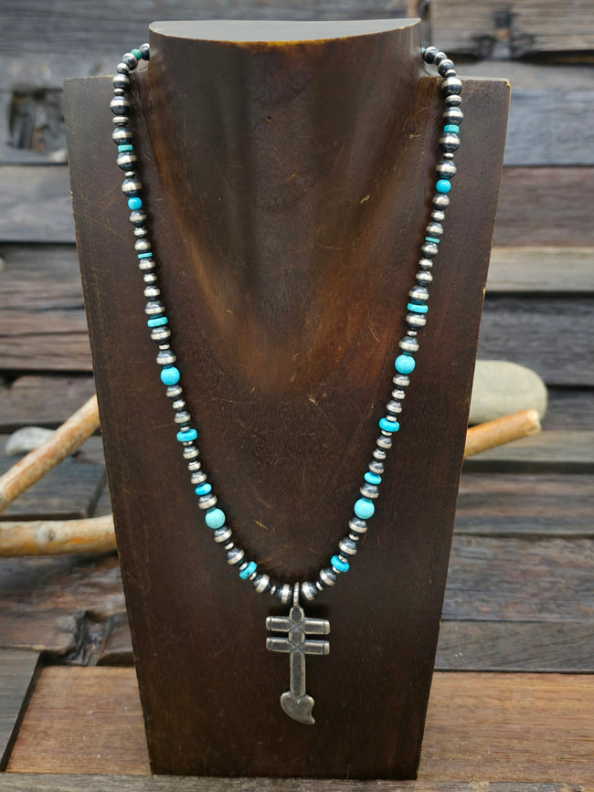 Sterling Silver and Turquoise Bead Necklace with Dragonfly Symbol Pendant - 18 in. w/2 in. extender