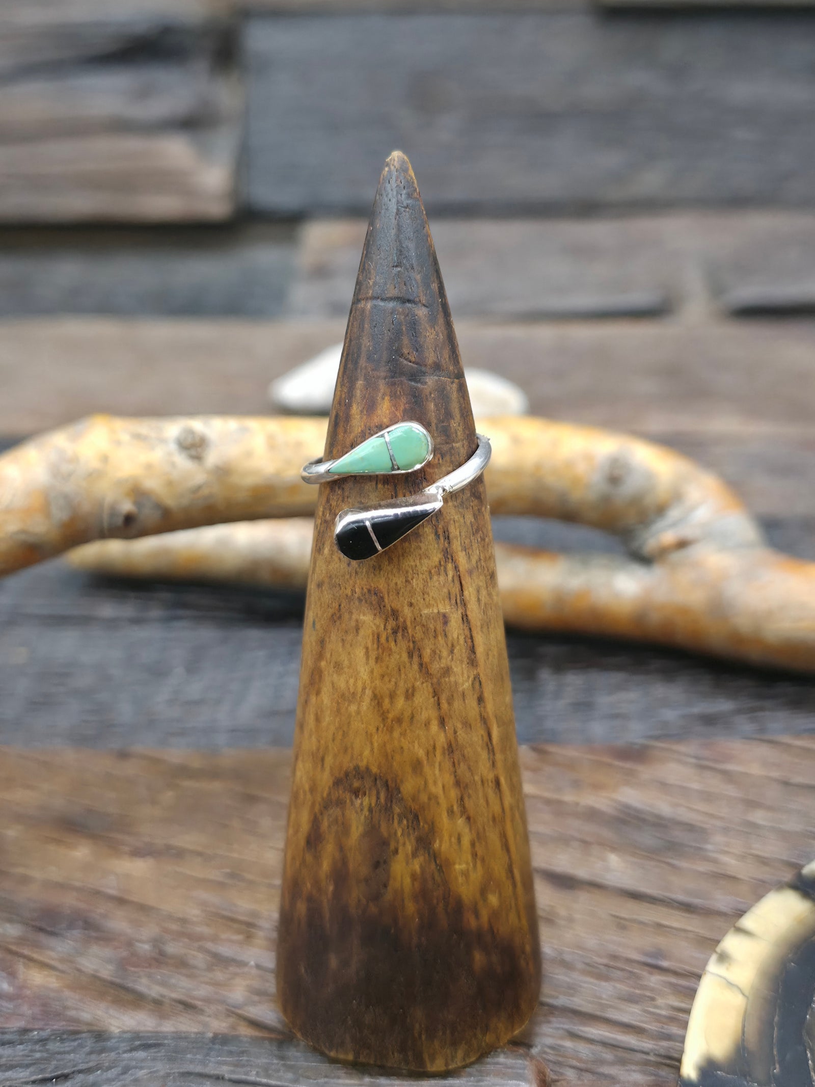 Sterling Silver Green Turquoise and Jet Wrap Ring by Valdia Natacio - Adjustable