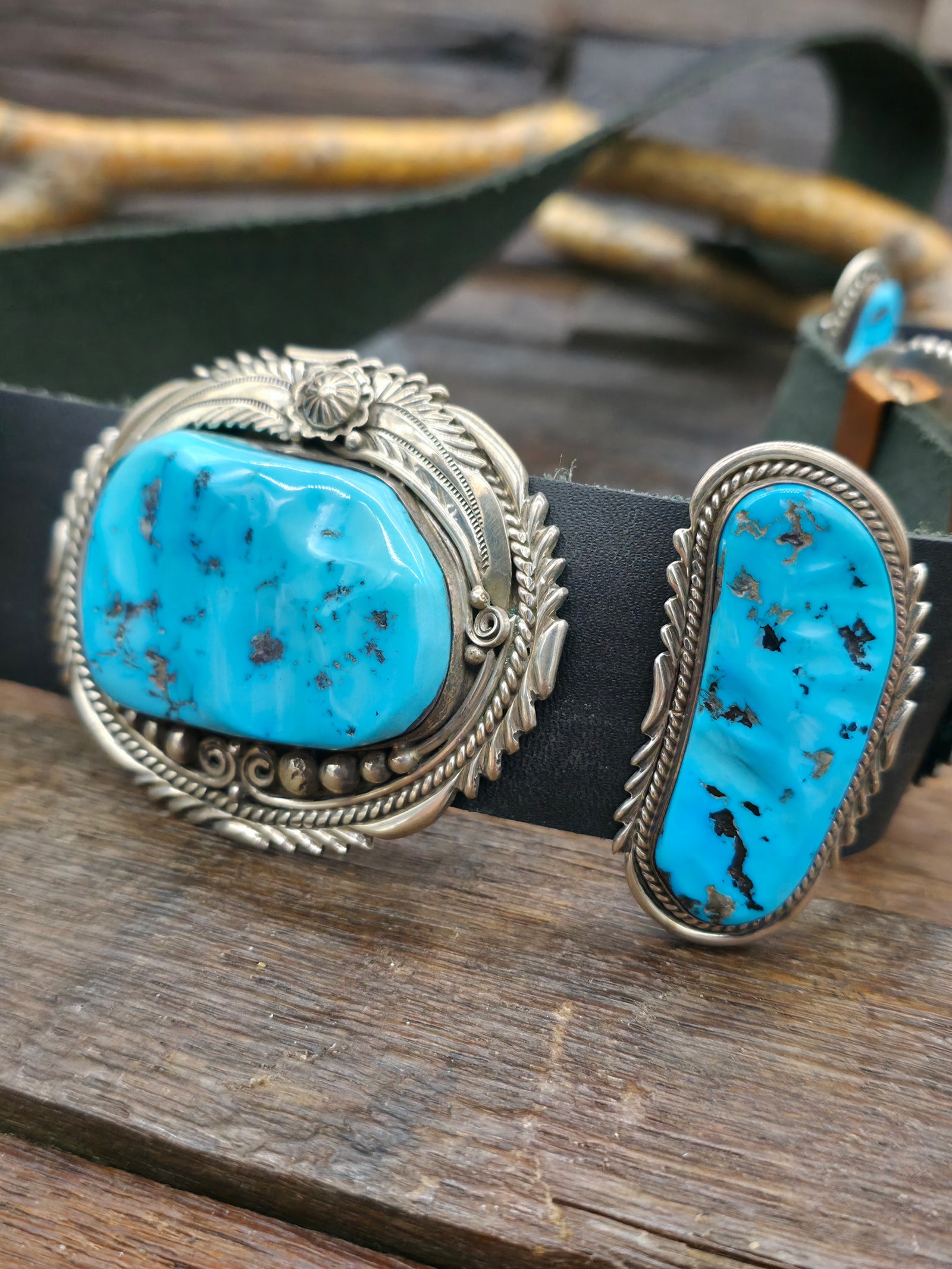 Sterling Silver Leaf Applique and Sleeping Beauty Turquoise Nugget Concho Belt by Ben Begaye - 54 in.