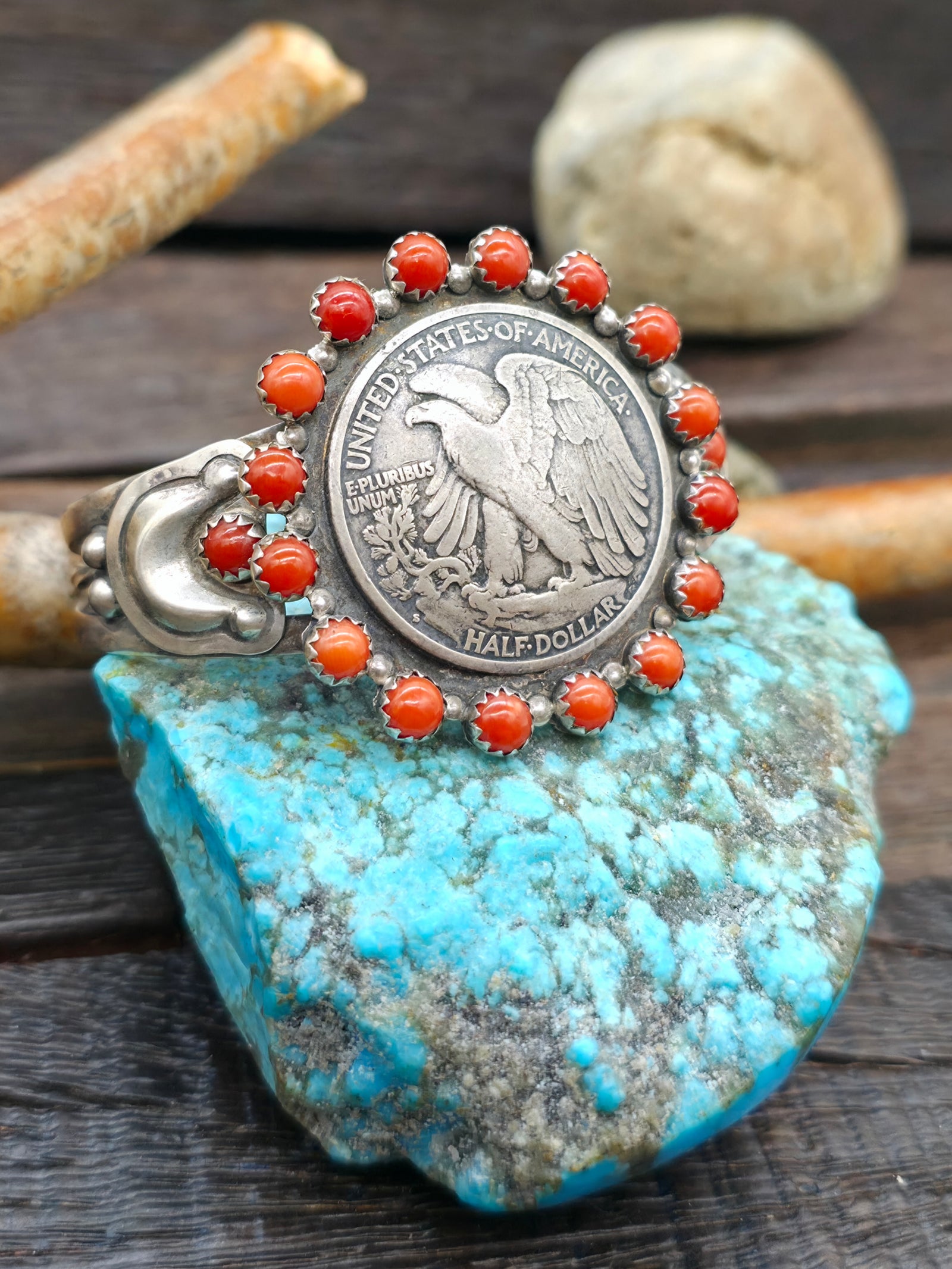 Eagle Half Dollar Bracelet with Coral - 6 in. with Gap