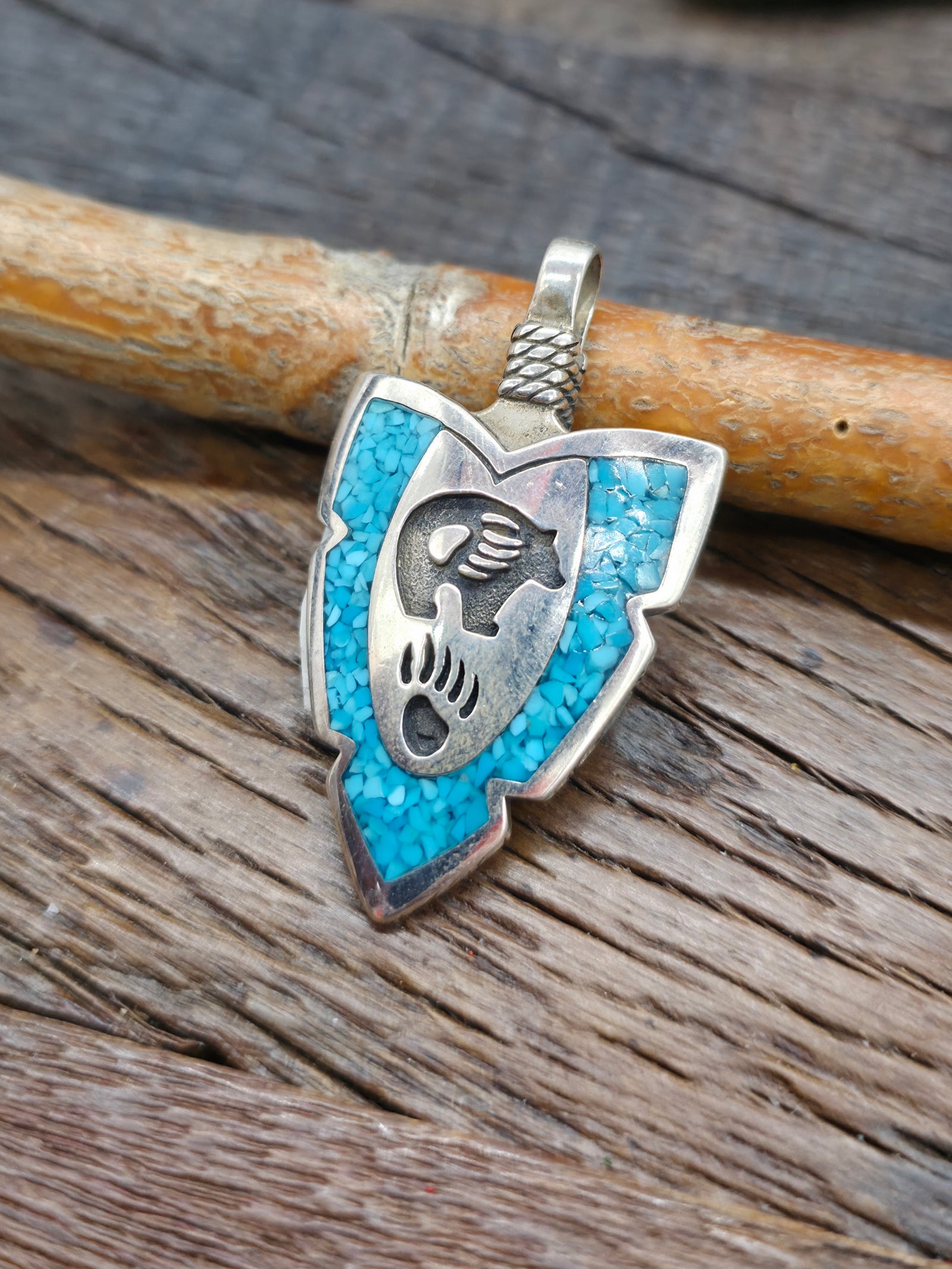 Sterling Silver Turquoise Chip Inlay Arrowhead Pendant - Bear  NON NATIVE MADE - 2 1/4 in. by 1 1/4 in.