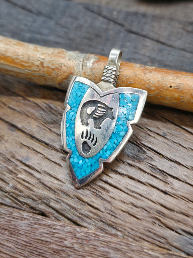 Sterling Silver Turquoise Chip Inlay Arrowhead Pendant - Bear  NON NATIVE MADE - 2 1/4 in. by 1 1/4 in.