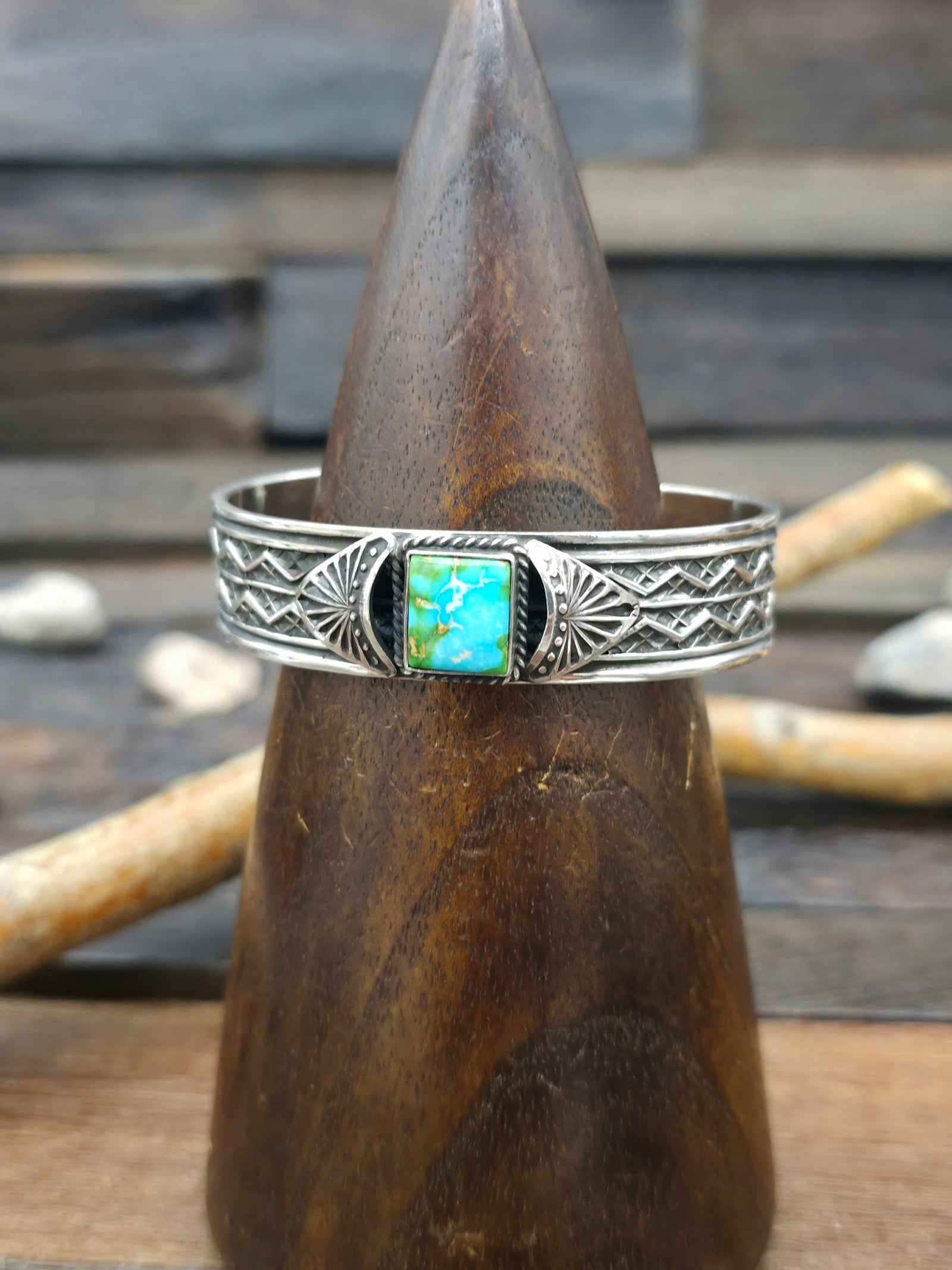 Stamped Sterling Silver and Sonoran Turquoise Cuff by Sunshine Reeves - 6 1/2 in.