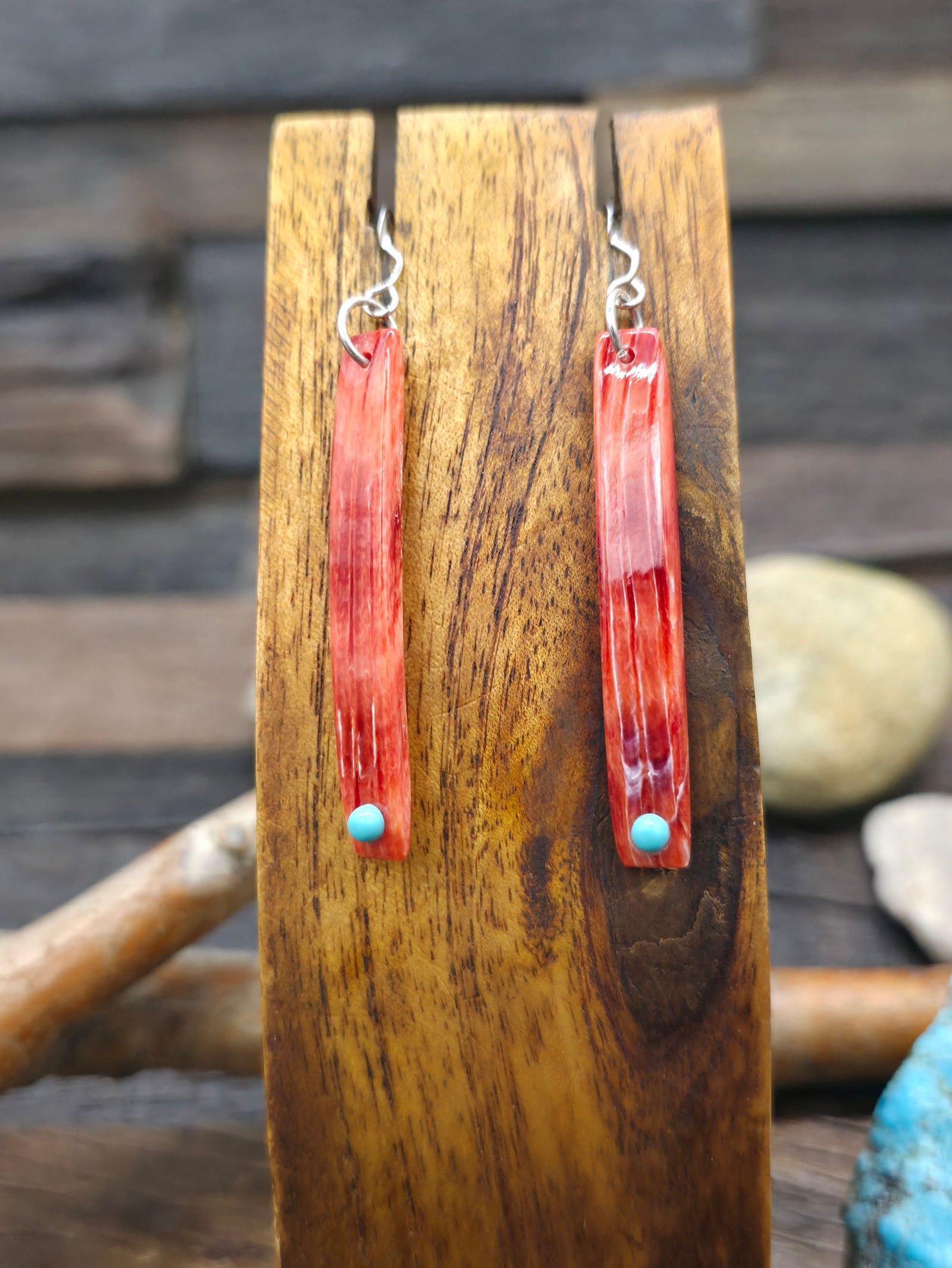 Red Spiny Oyster and Turquoise Dangle Earrings by Jesus Espino - 2 1/4 in by 1/4 in.