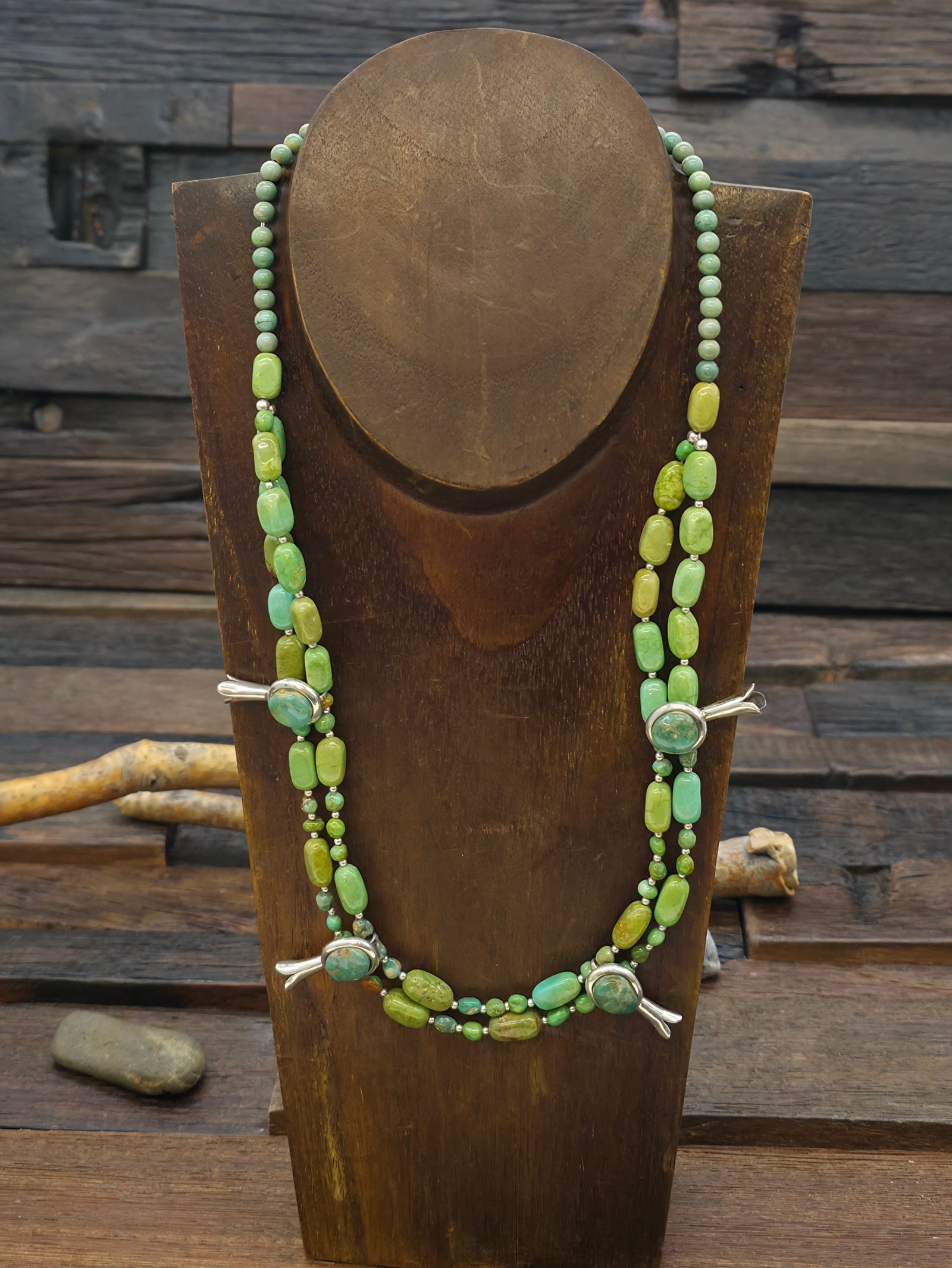 Green Turquoise Stone Bead Necklace with Sterling Silver Squash Blossoms - 22 in.