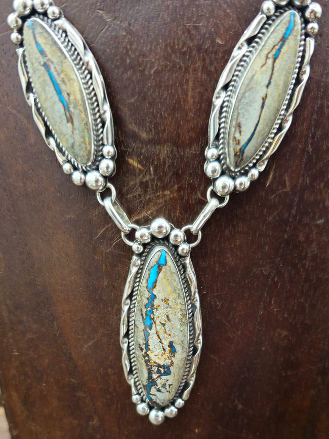 Blue Gem Boulder Turquoise Lariat Necklace and Earring Set by Rosella Paxton - 20 in.