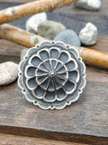 Adjustable Round Stamped Sterling Silver Ring by Leander Tahe