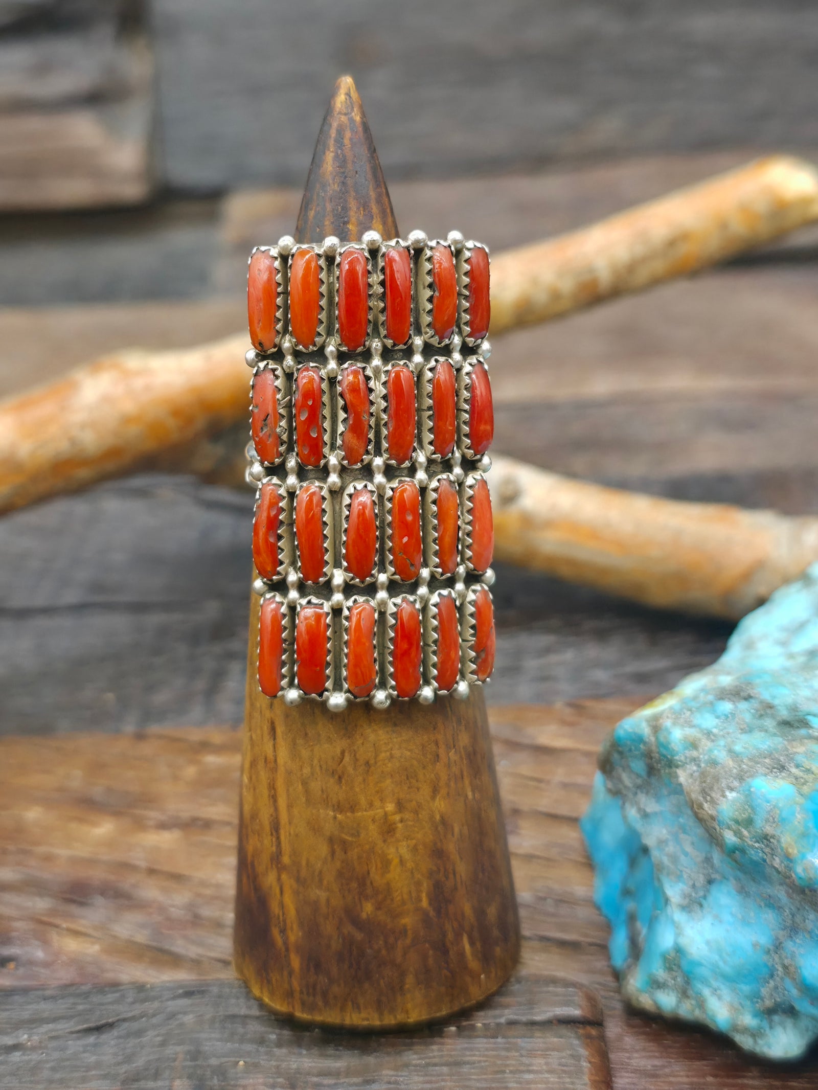 Four Row Sterling Silver Coral Needlepoint Ring by Erick Wilson - Adjustable