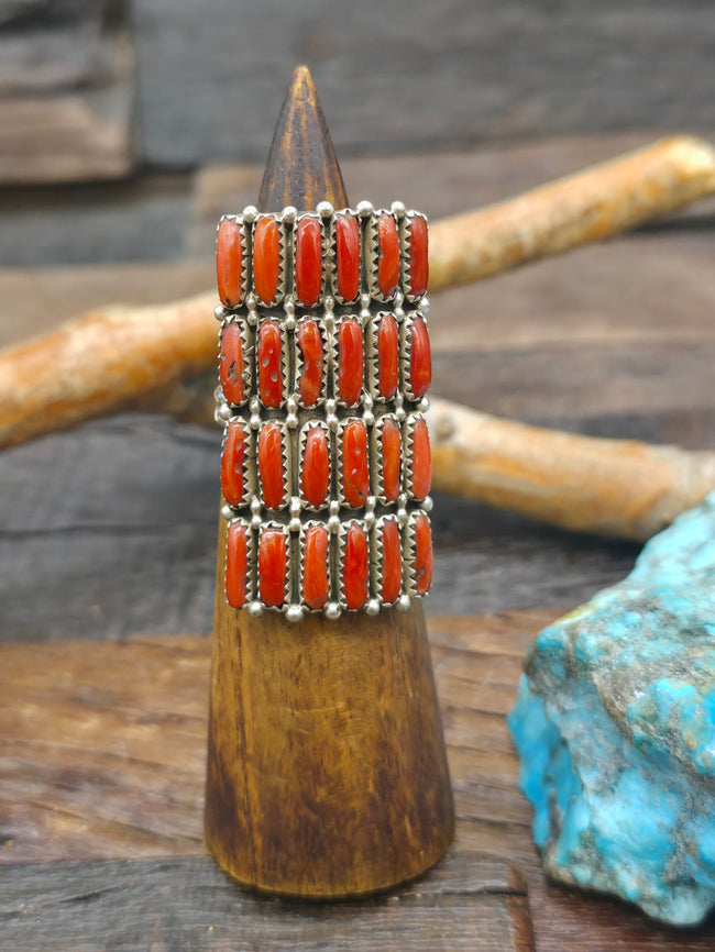 Four Row Sterling Silver Coral Needlepoint Ring by Erick Wilson - Adjustable