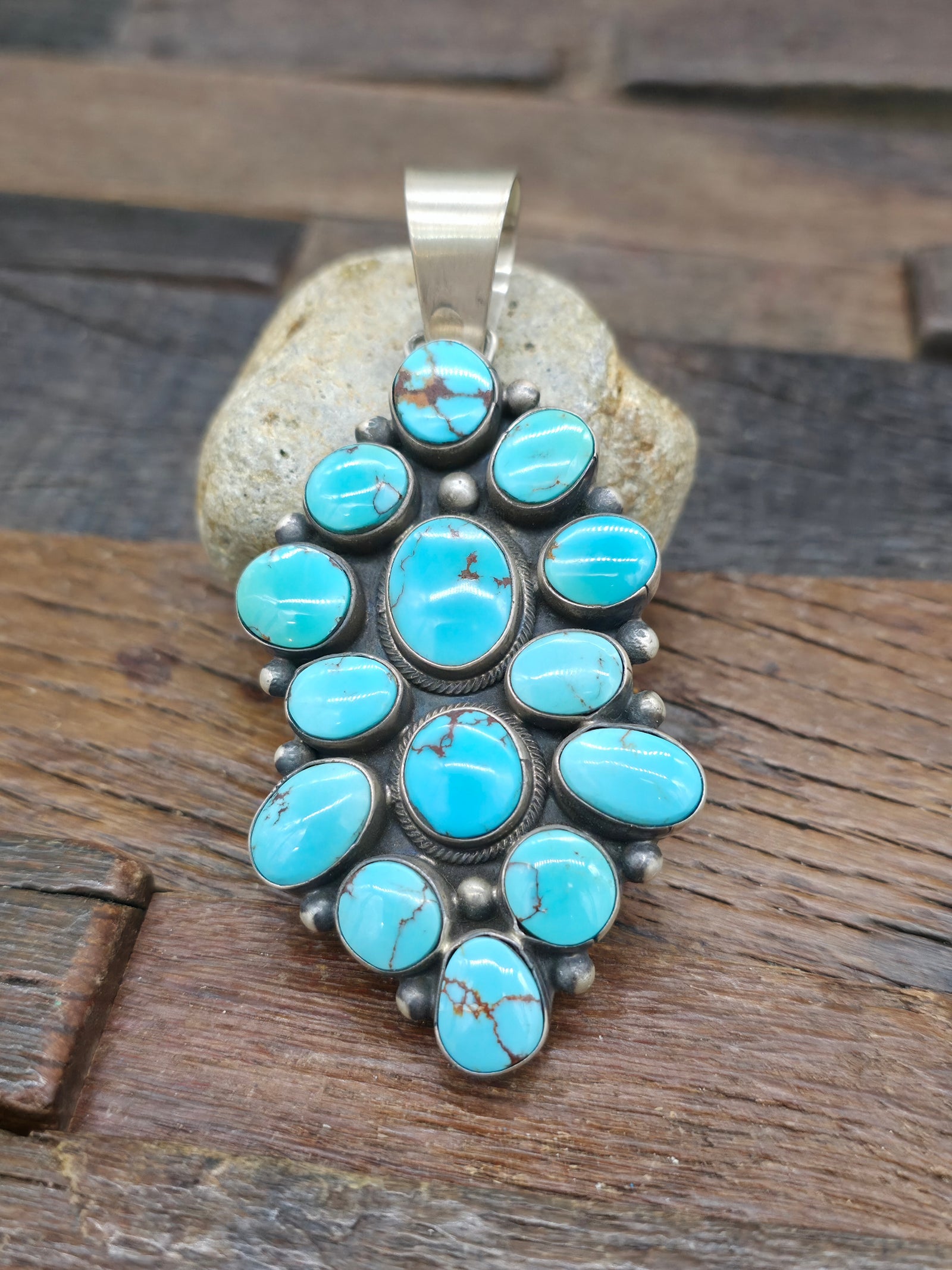 Sterling Silver Turquoise Cluster Pendant by Bobby Johnson - 3 1/2 in. by 1 1/2 in.