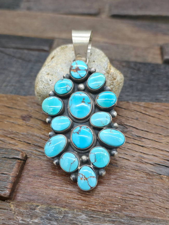 Sterling Silver Turquoise Cluster Pendant by Bobby Johnson - 3 1/2 in. by 1 1/2 in.