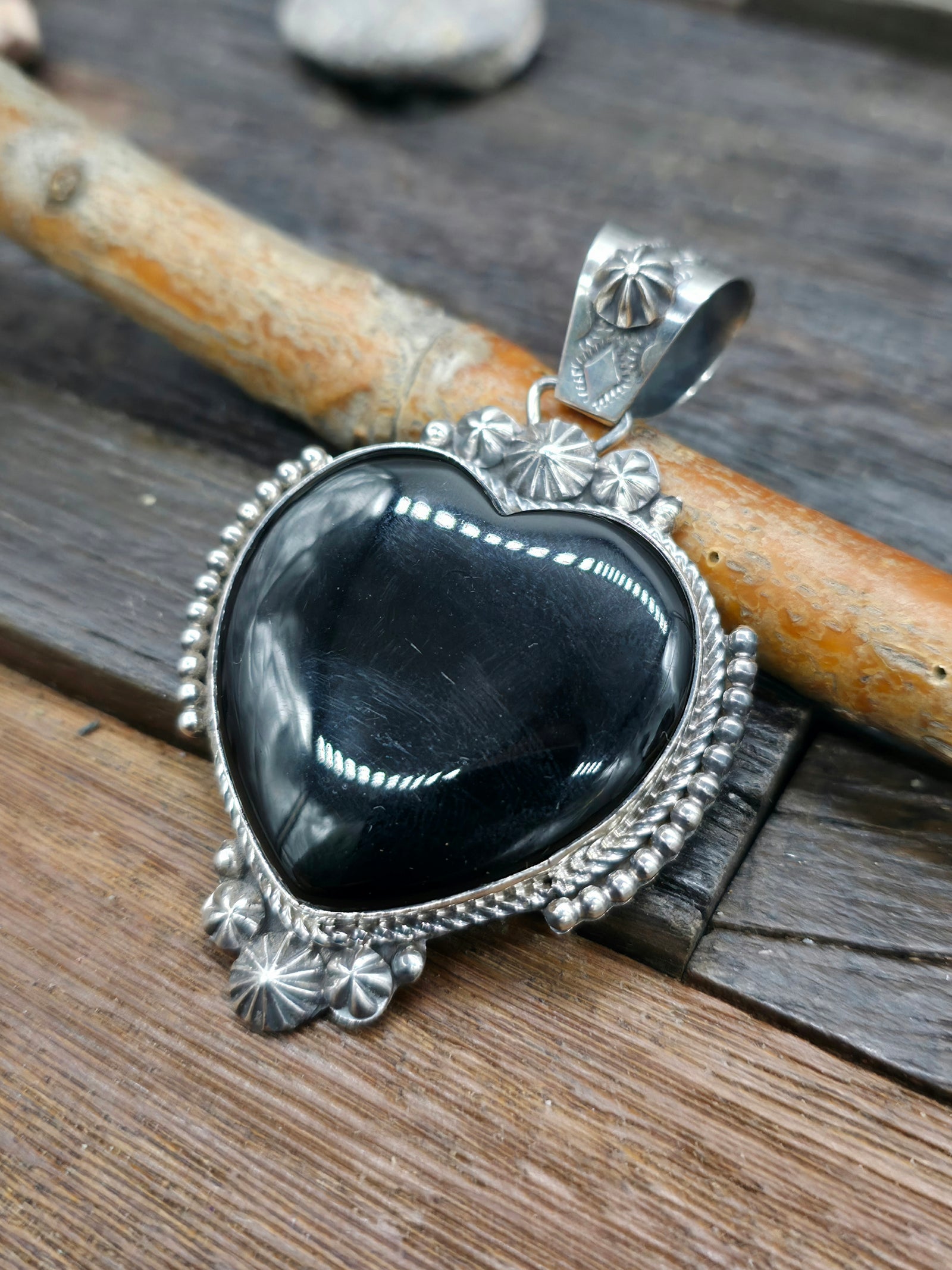 Large Sterling Silver and Black Onyx Heart Pendant by Rosella Paxton