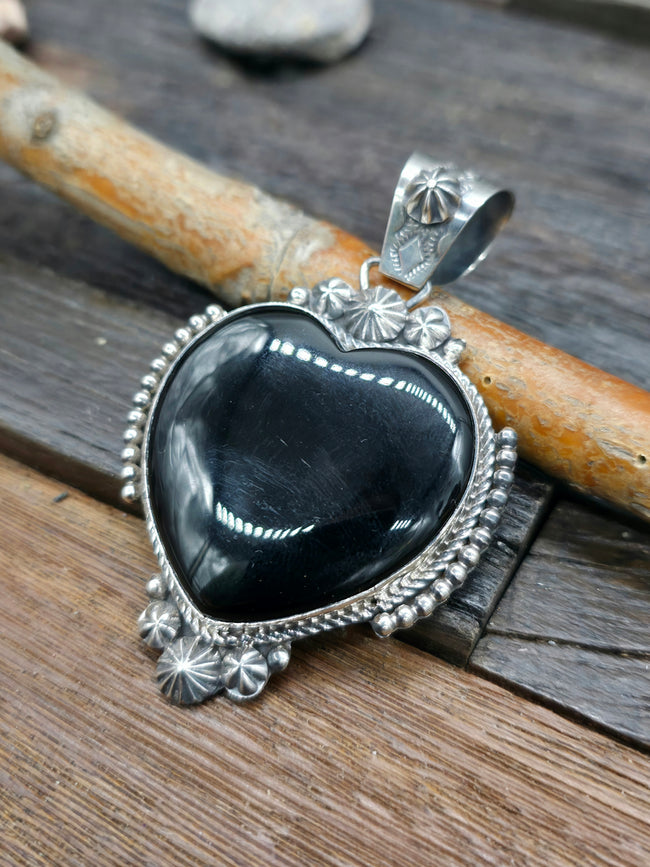 Large Sterling Silver and Black Onyx Heart Pendant by Rosella Paxton
