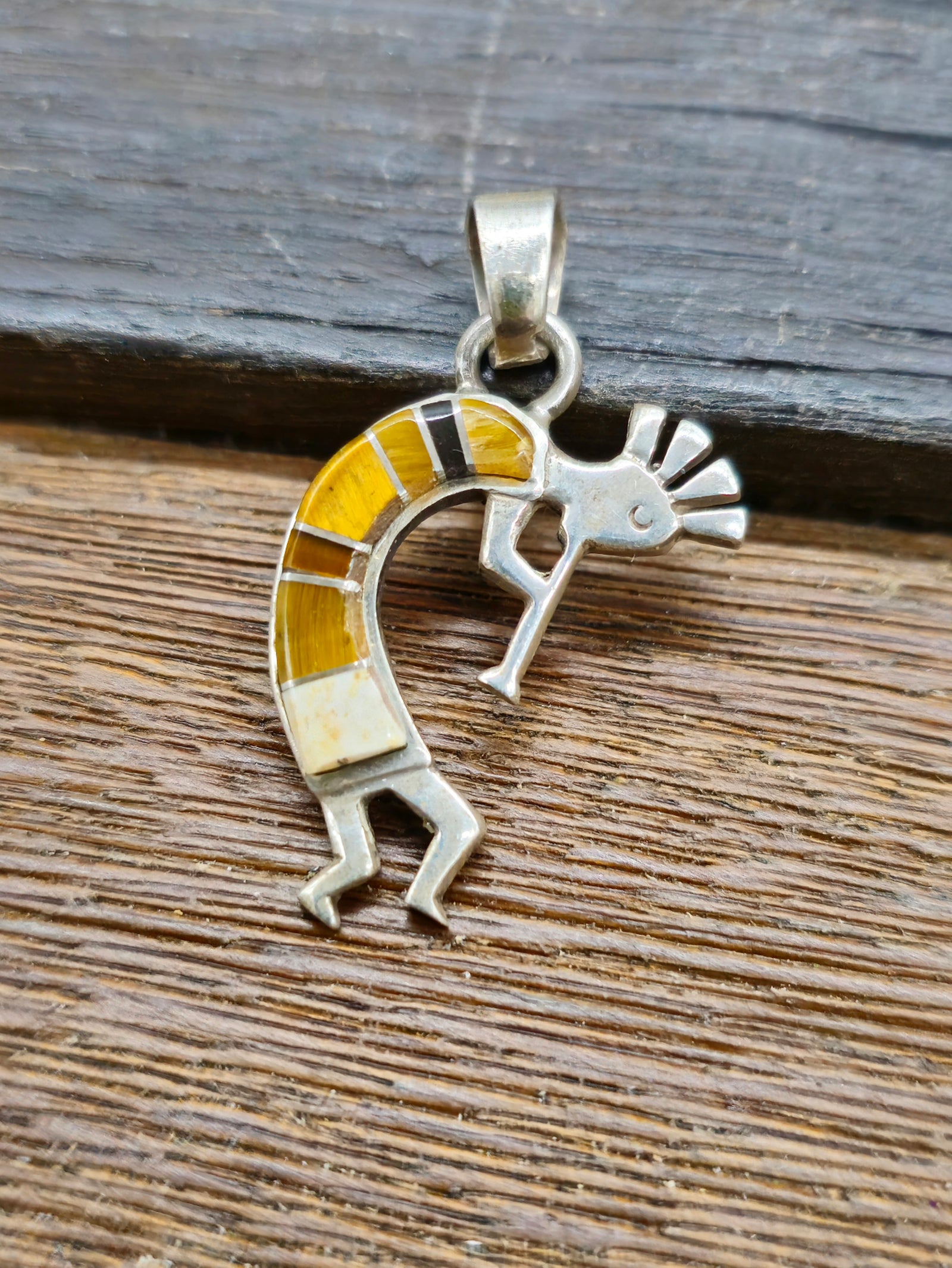 Vintage/Estate Sterling Silver Tigers Eye Inlay Kokopelli Pendant
