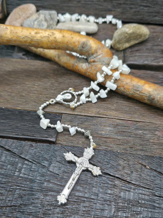 White Clamshell Bead Rosary by Eileen Coriz - 20 in. with 5 1/2 in. drop
