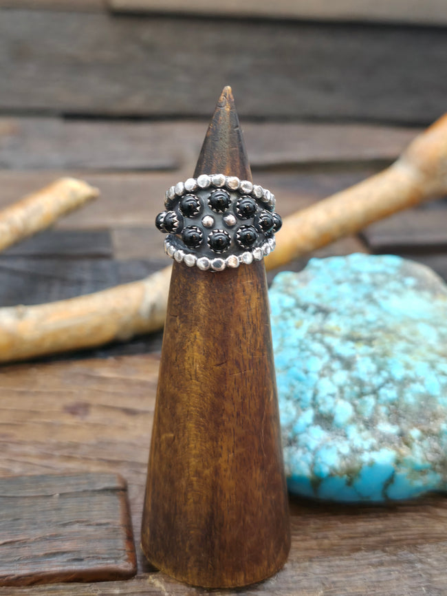 Black Onyx Raindrop Sterling Silver Shadowbox Band - Size 6.5