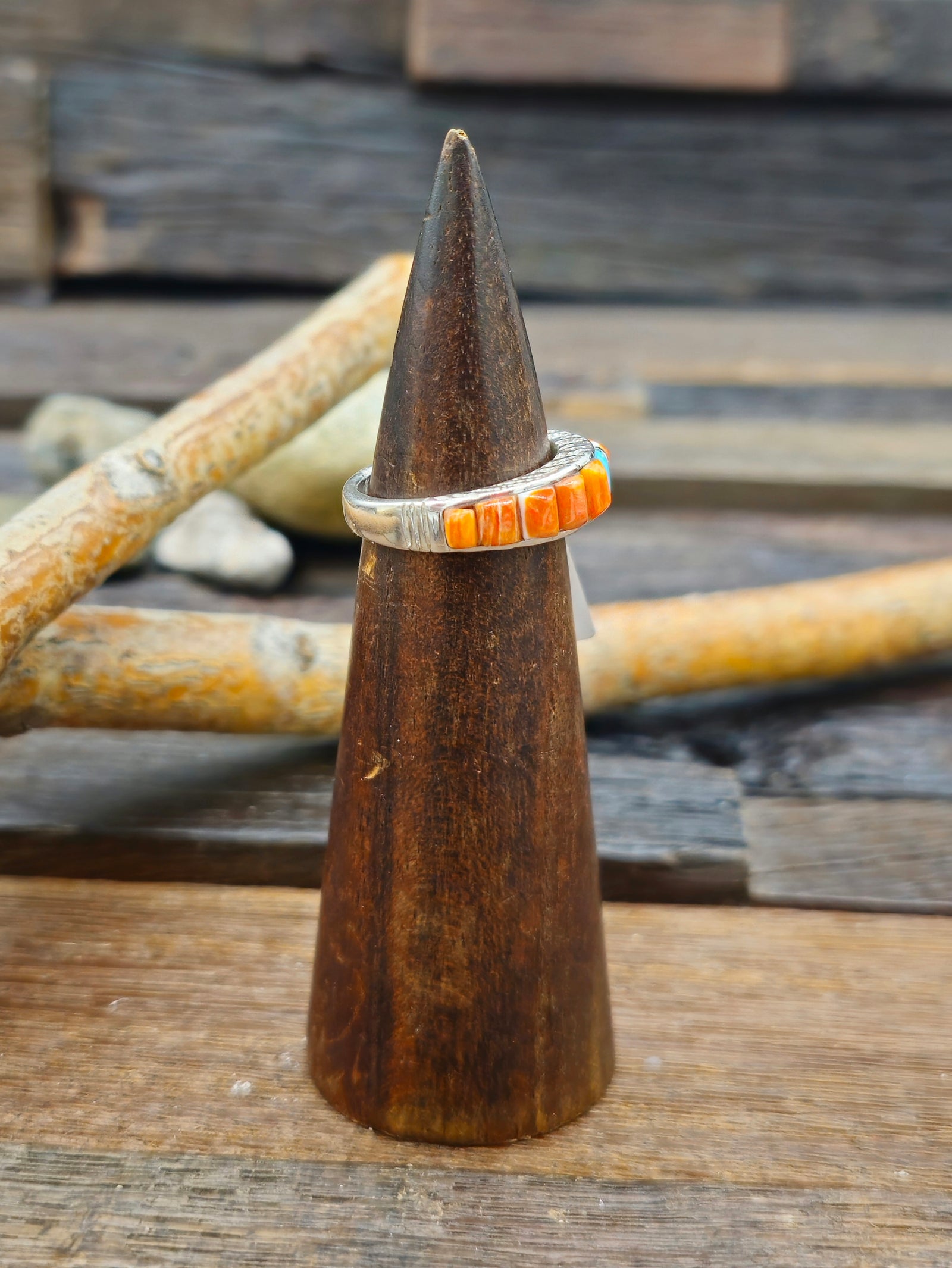 Wide Orange Spiny and Turquoise Cobblestone Inlay Sterling Silver Ring by Albert Topaha - Size 8 1/2