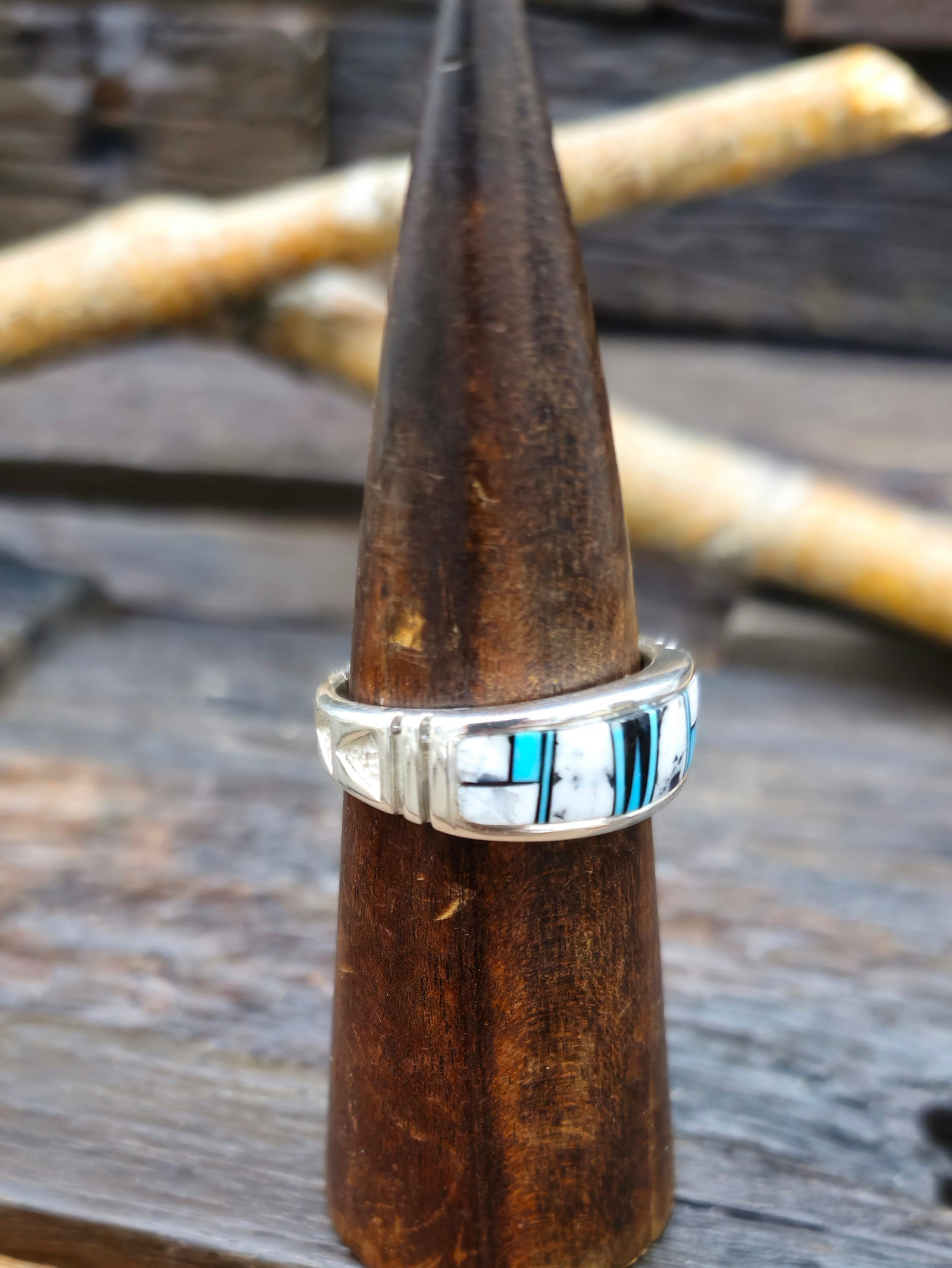 White Buffalo, Onyx, and Turquoise Inlay Sterling Silver Ring - Size 13 1/2