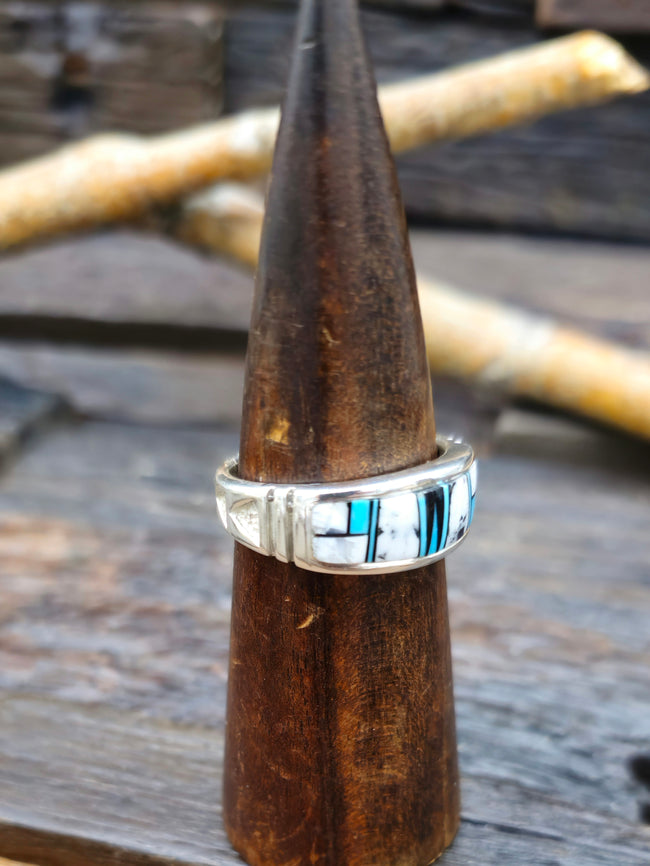 White Buffalo, Onyx, and Turquoise Inlay Sterling Silver Ring - Size 13 1/2