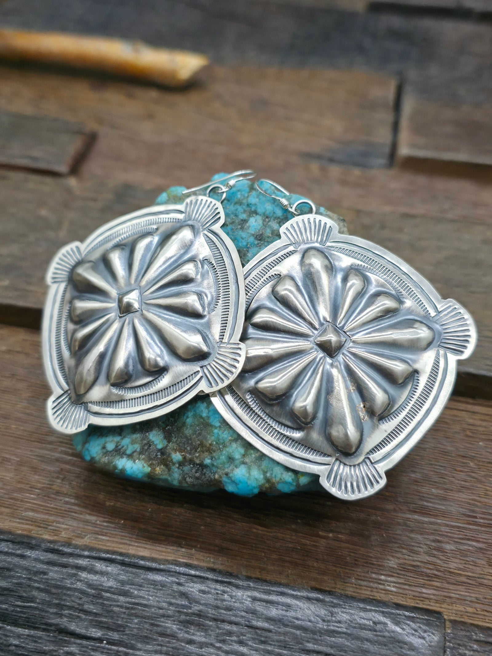 Repousse Stamped Sterling Silver Concha Earrings by Arnold Blackgoat - 3 in by 2 1/2 in.