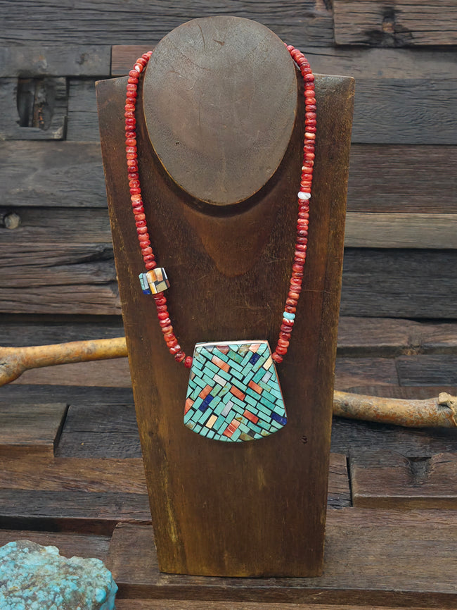 Reversible Turquoise and Spiny Oyster Mosaic Inlay Pendant on Red Spiny Bead Necklace by Charlene Reano - 18 in.