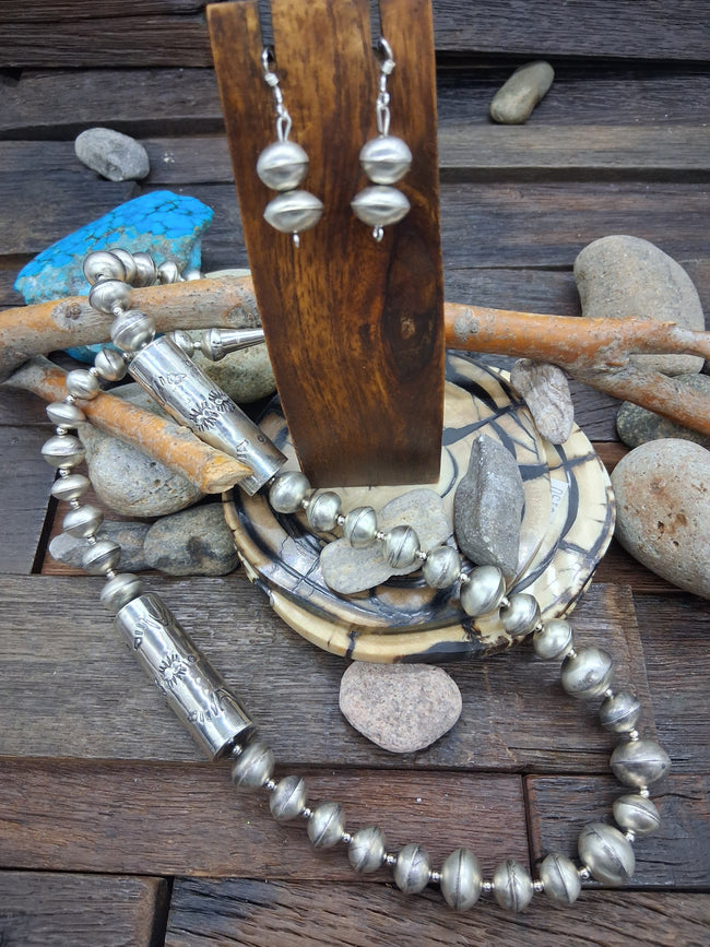 Sterling Silver Beads Necklace 26in and Hook Dangle Earring Set by 'B.S.'