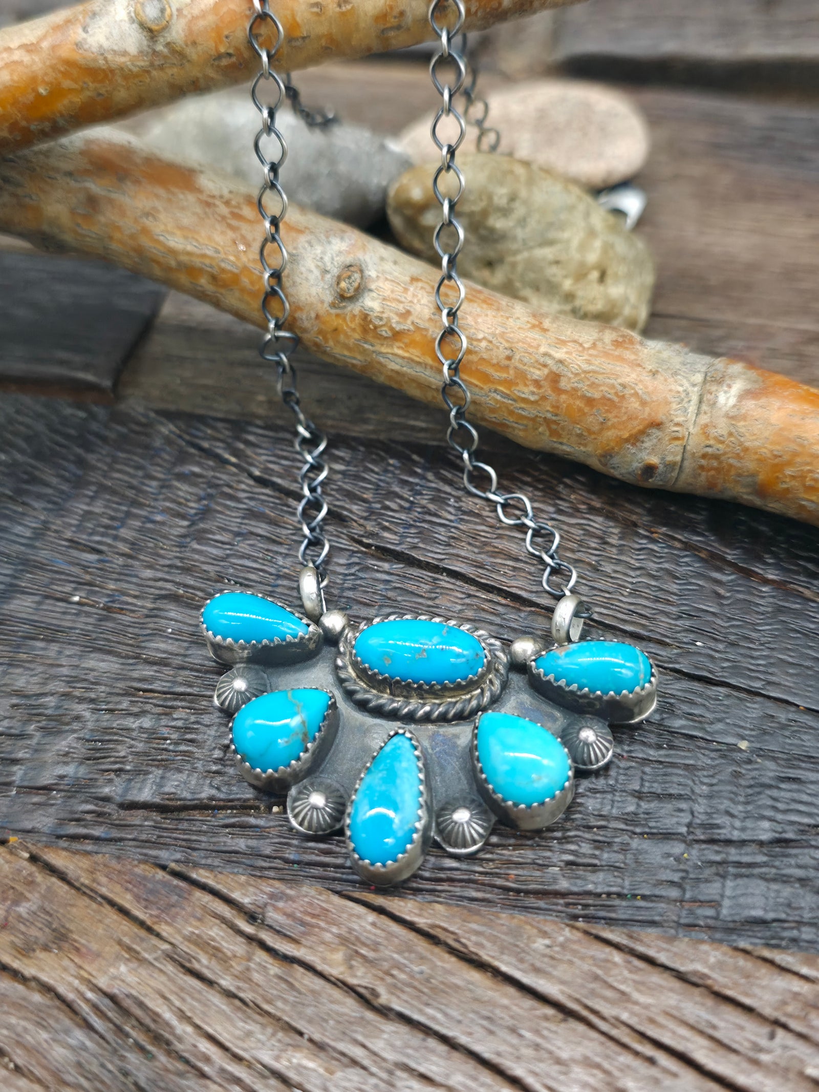 Sterling Silver Turquoise Half Cluster Necklace by "MB" - 18 in.