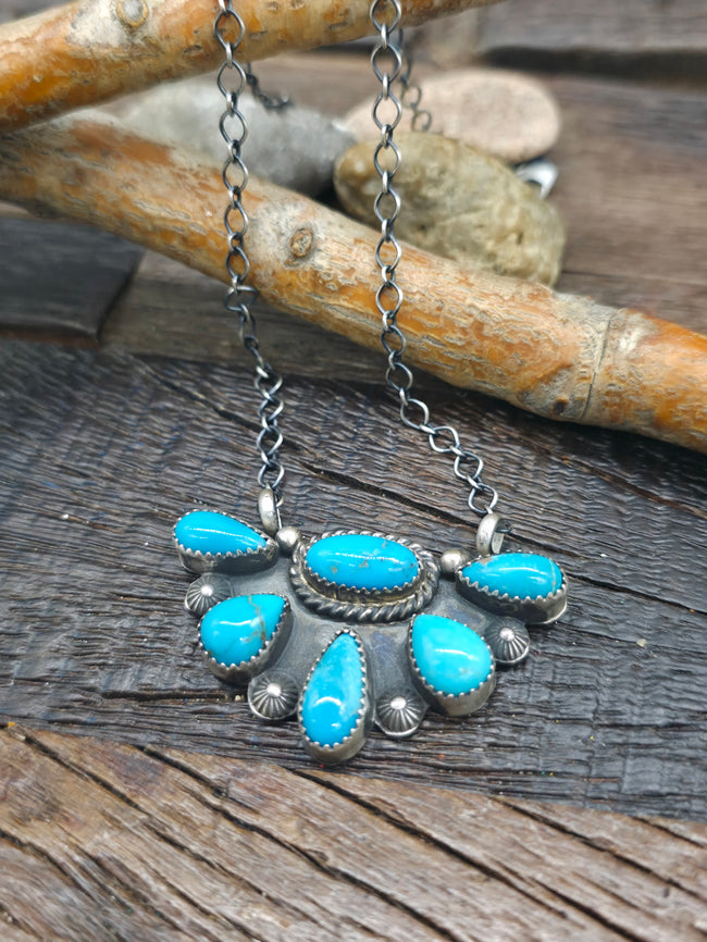 Sterling Silver Turquoise Half Cluster Necklace by "MB" - 18 in.