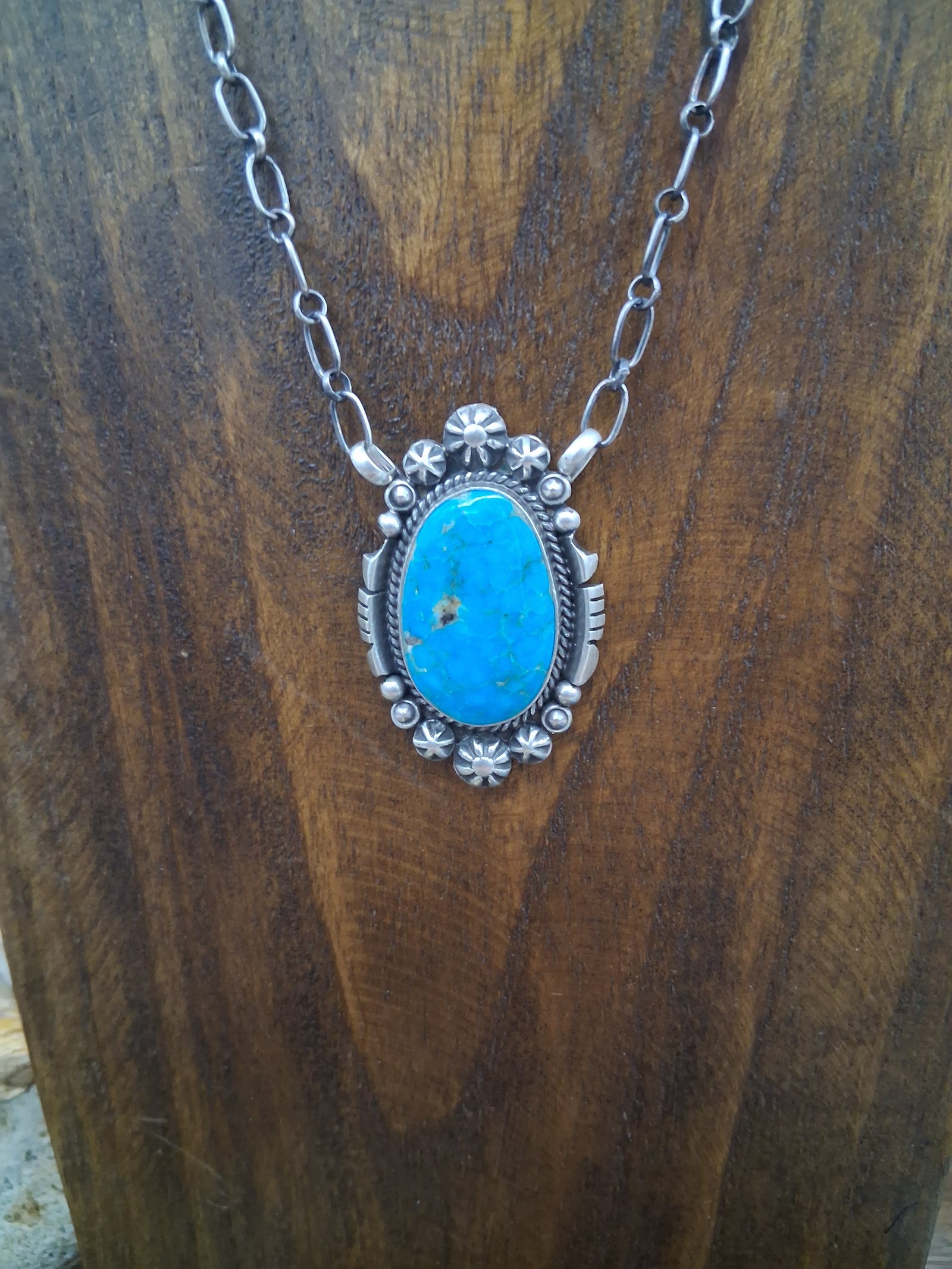 Sterling Silver Blue Turquoise Oval Necklace 18in by Daniel Benally