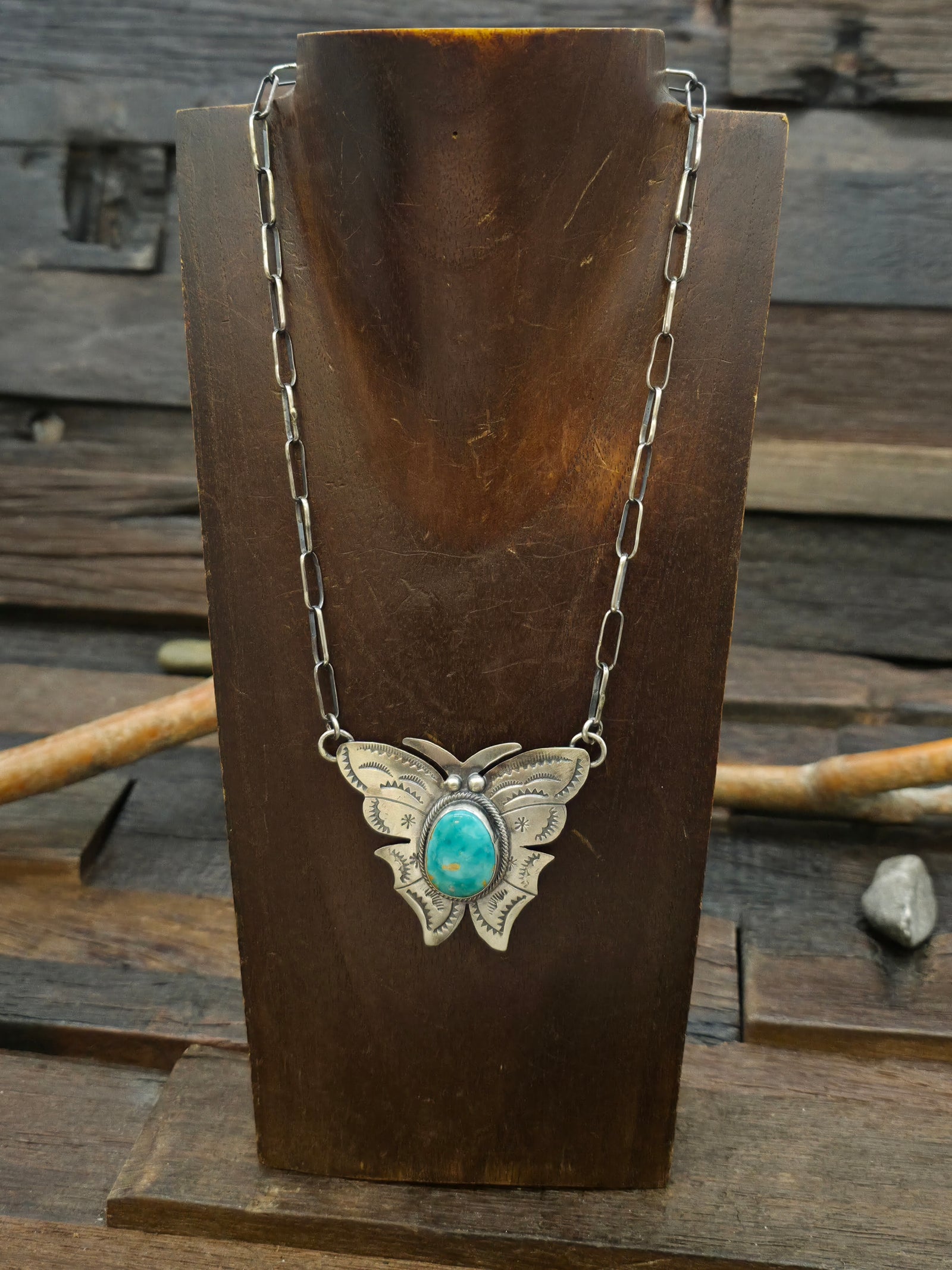 Stamped Sterling Silver Turquoise Butterfly Necklace by Bobby Johnson - 17 in.