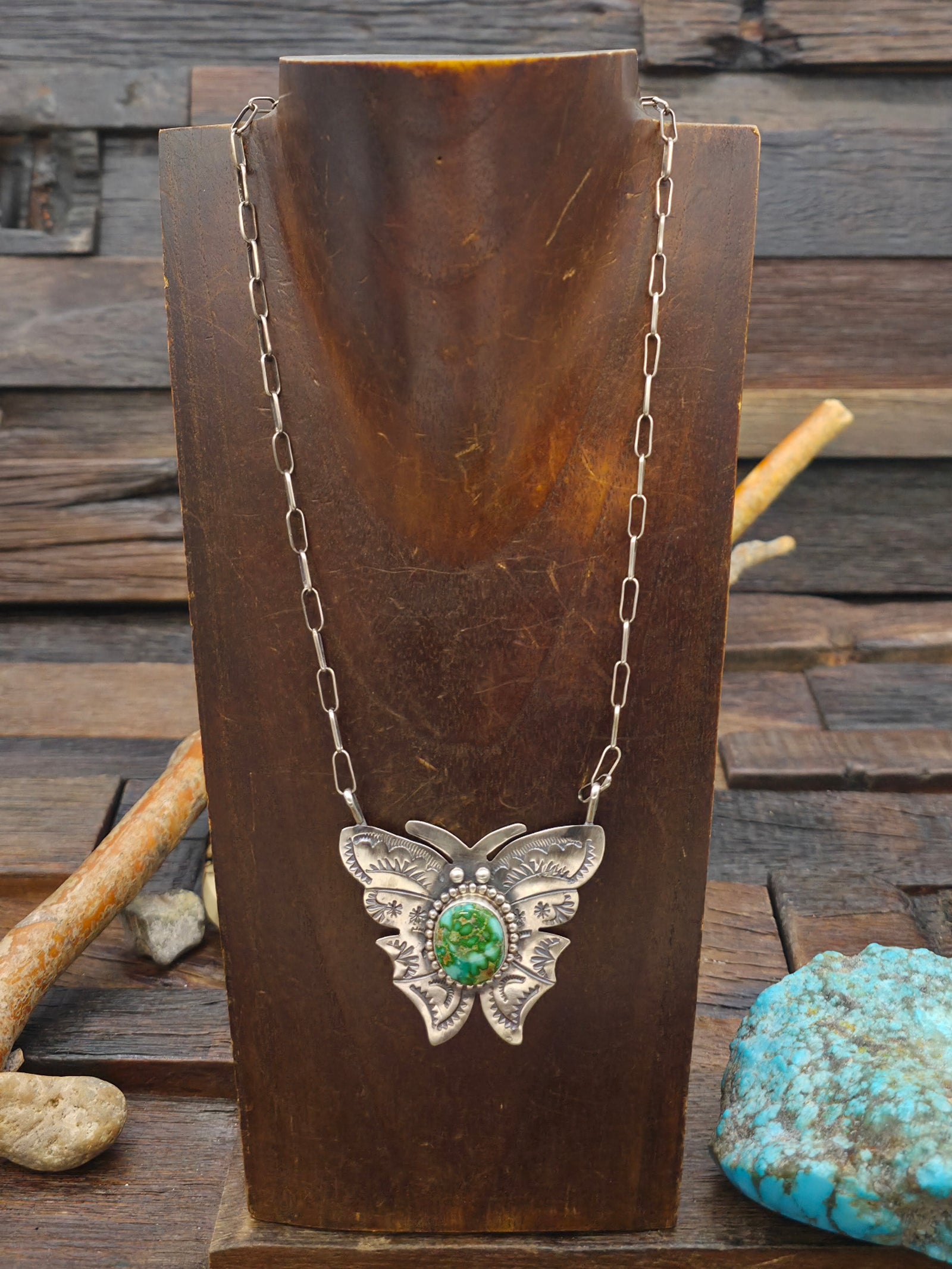 Stamped Sterling Silver Sonoran Turquoise Butterfly Necklace by Bobby Johnson - 18 in.