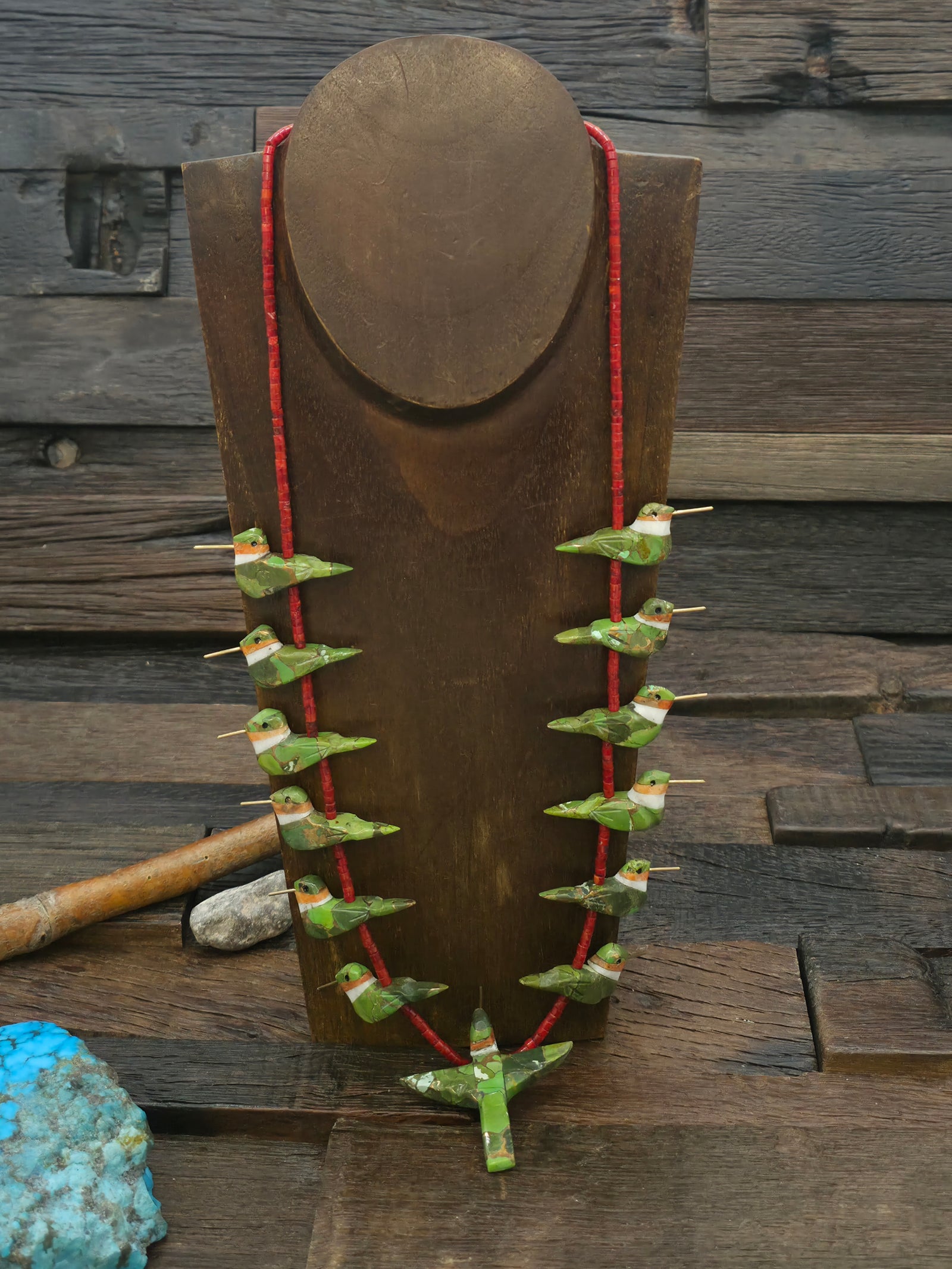 Green Mojave and Copper Composite 13 Hummingbird Necklace with Apple Coral Heishi by Matt Mitchell - 26 in.