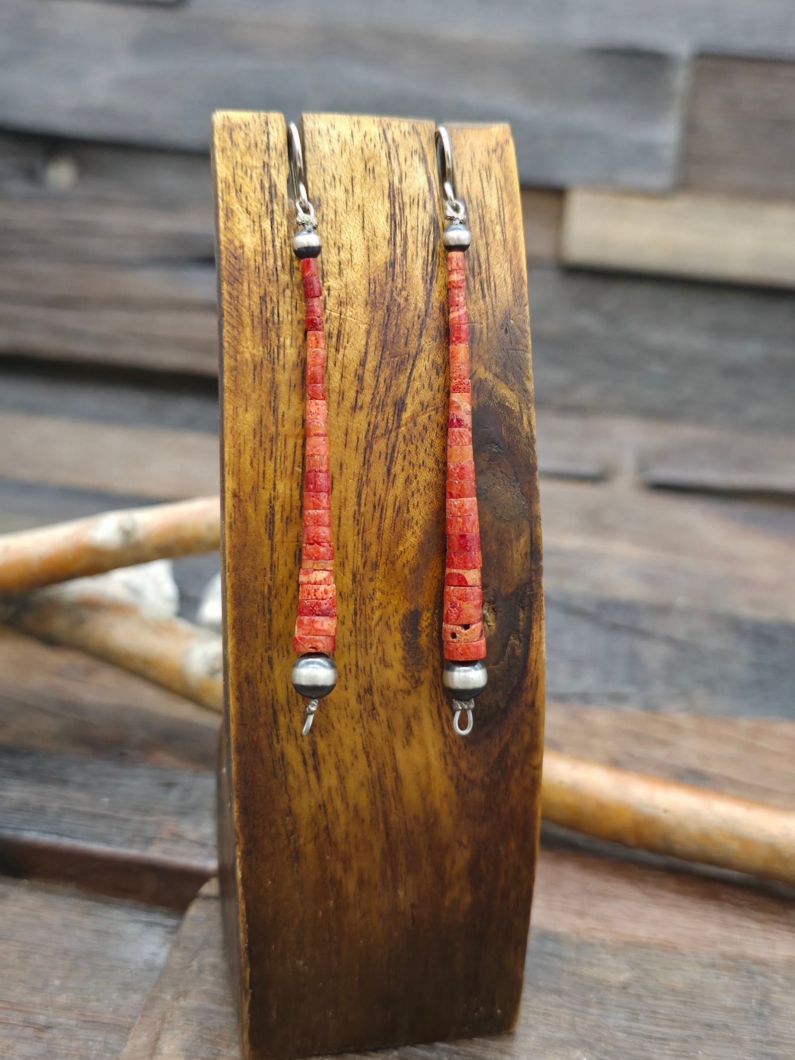 Graduated Apple Coral Heishi Dangle Earring - 3 in.