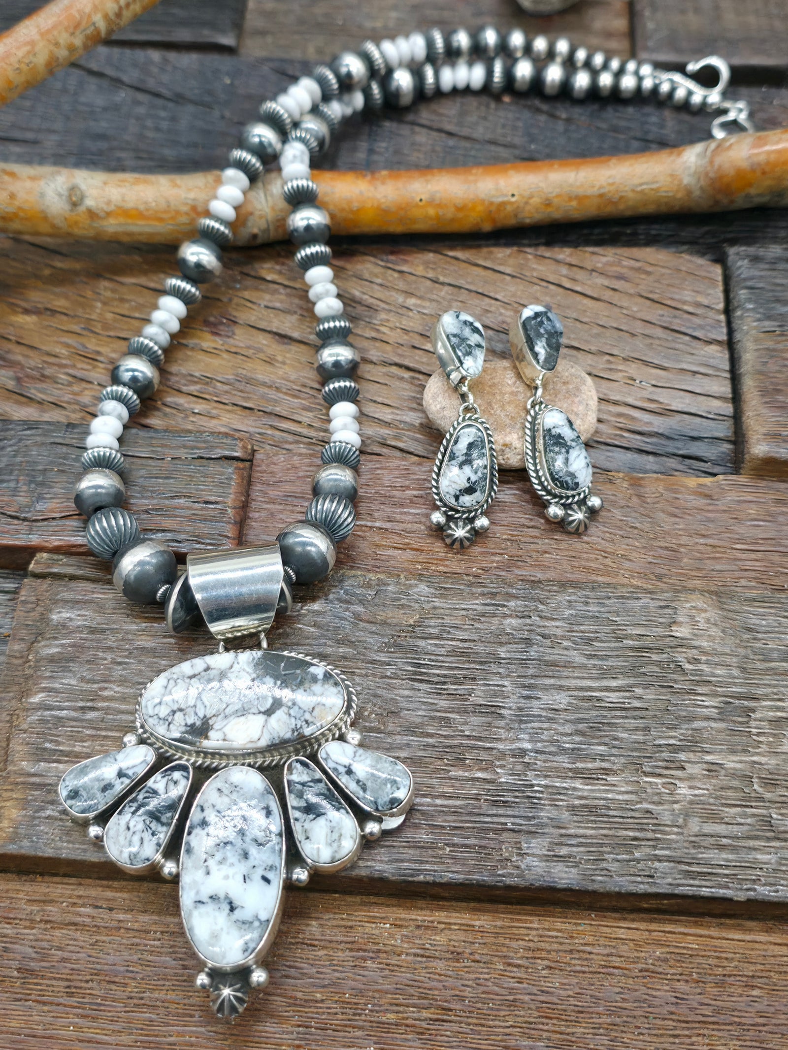 Sterling Silver White Buffalo Necklace and Earring Set by Linda Yazzie - 20 in.