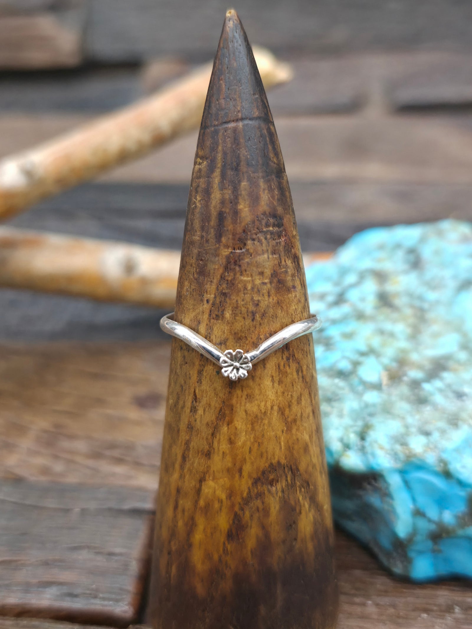 Sterling Silver Flower Applique V-Shaped Ring by Sheena Jack - Size 12