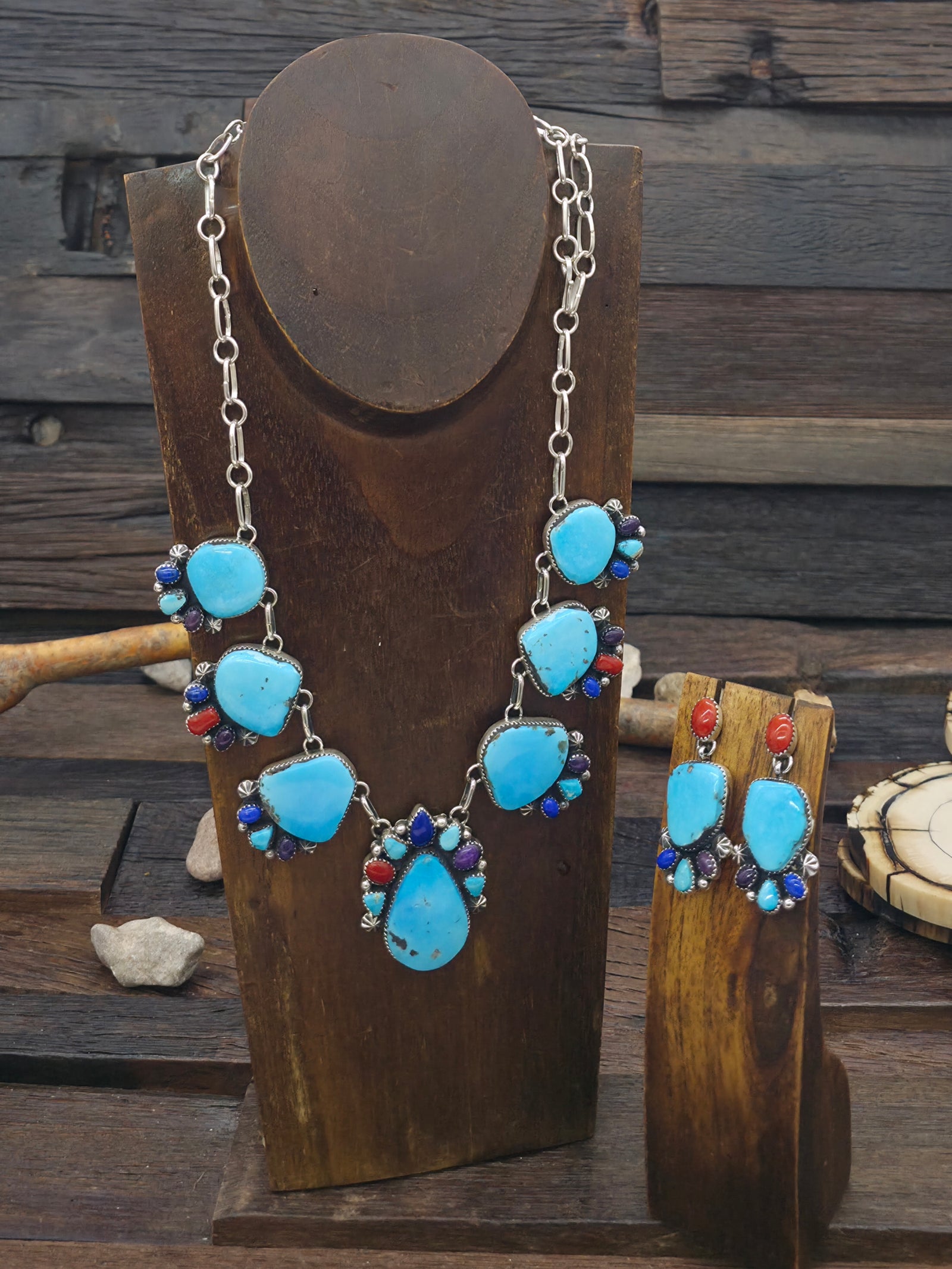 Sterling Silver Lapis, Sugilite, Coral, and Kingman Turquoise Lariat Necklace and Earring Set by Rosella Paxson - 27 in.