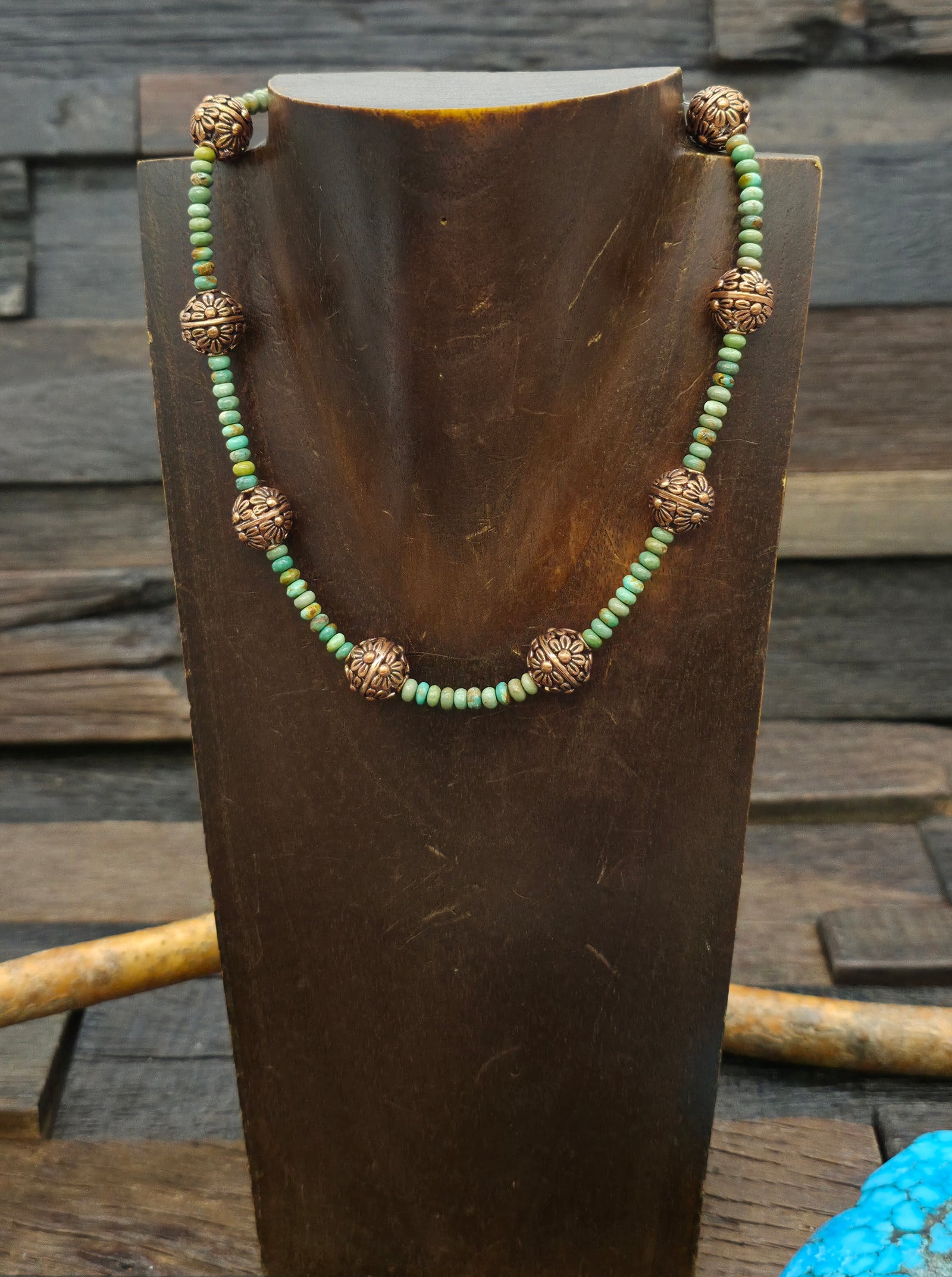 Green Turquoise and Filigree Copper Bead Choker Necklace - 14 in.