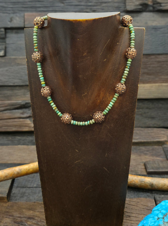 Green Turquoise and Filigree Copper Bead Choker Necklace - 14 in.