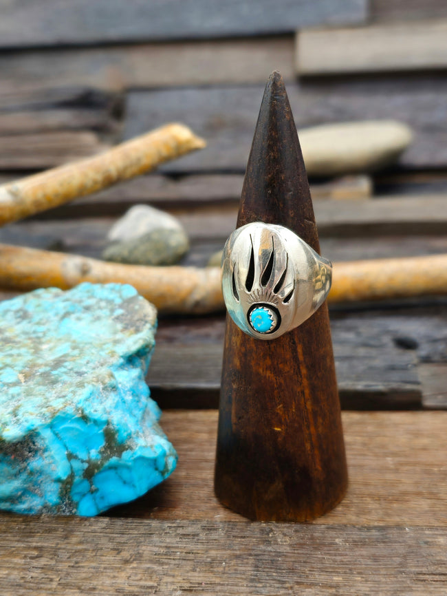 Sterling Silver Turquoise Badger Paw Overlay Ring by Rose Ann Silago - Size 11 1/2