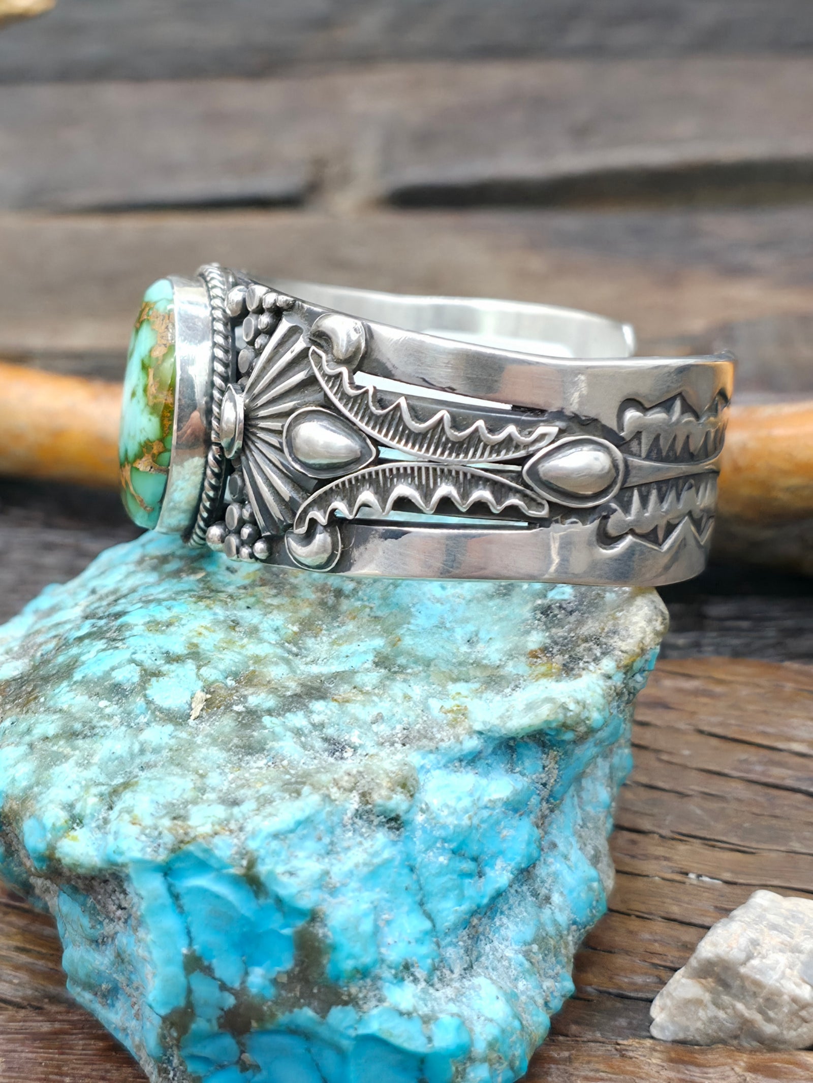 Royston Turquoise Stamped Sterling Silver Bracelet by Derrick Gordon - 6 1/4 in. with Gap