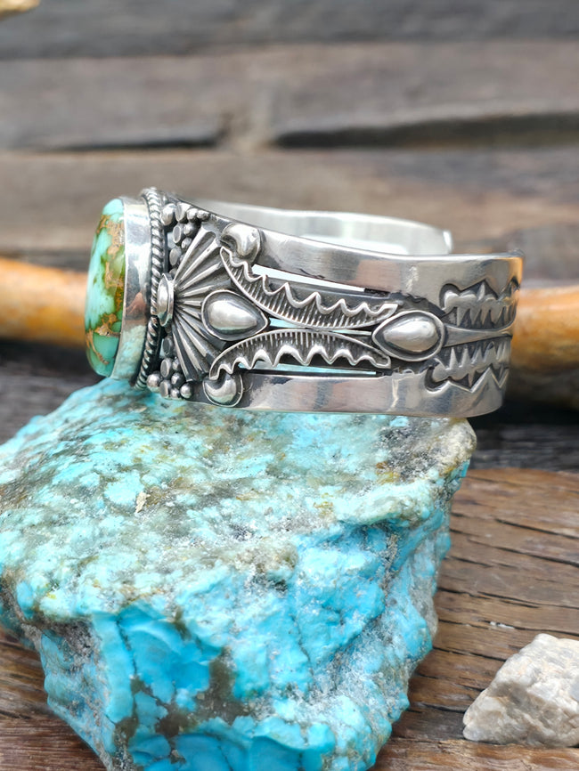 Royston Turquoise Stamped Sterling Silver Bracelet by Derrick Gordon - 6 1/4 in. with Gap