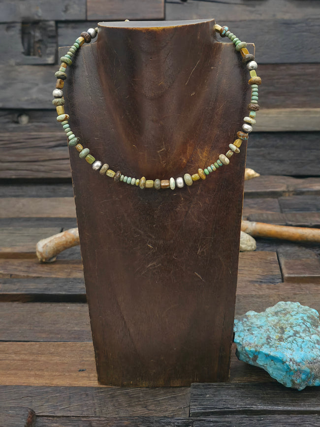 Green Turquoise and Sterling Silver Bead Memory Wire Choker - 16 in.