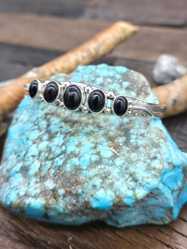 Five Stone Onyx Cuff with Sterling Silver Leaf Applique - 6 1/4 in. with gap