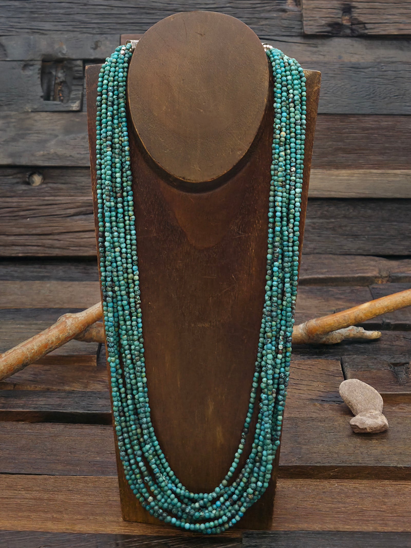 Ten Strand Skyhorse Turquoise Bead Necklace with Stamped Sterling Silver Caps by Fred Archuleta - 26 in.