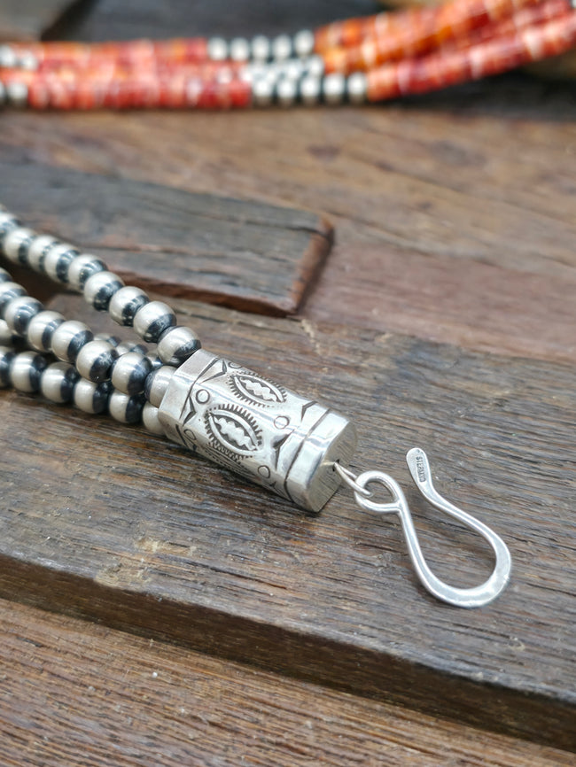 Four Strand Orange Spiny and Oxidized Sterling Silver Bead Necklace by Fred Archuleta - 31 in.