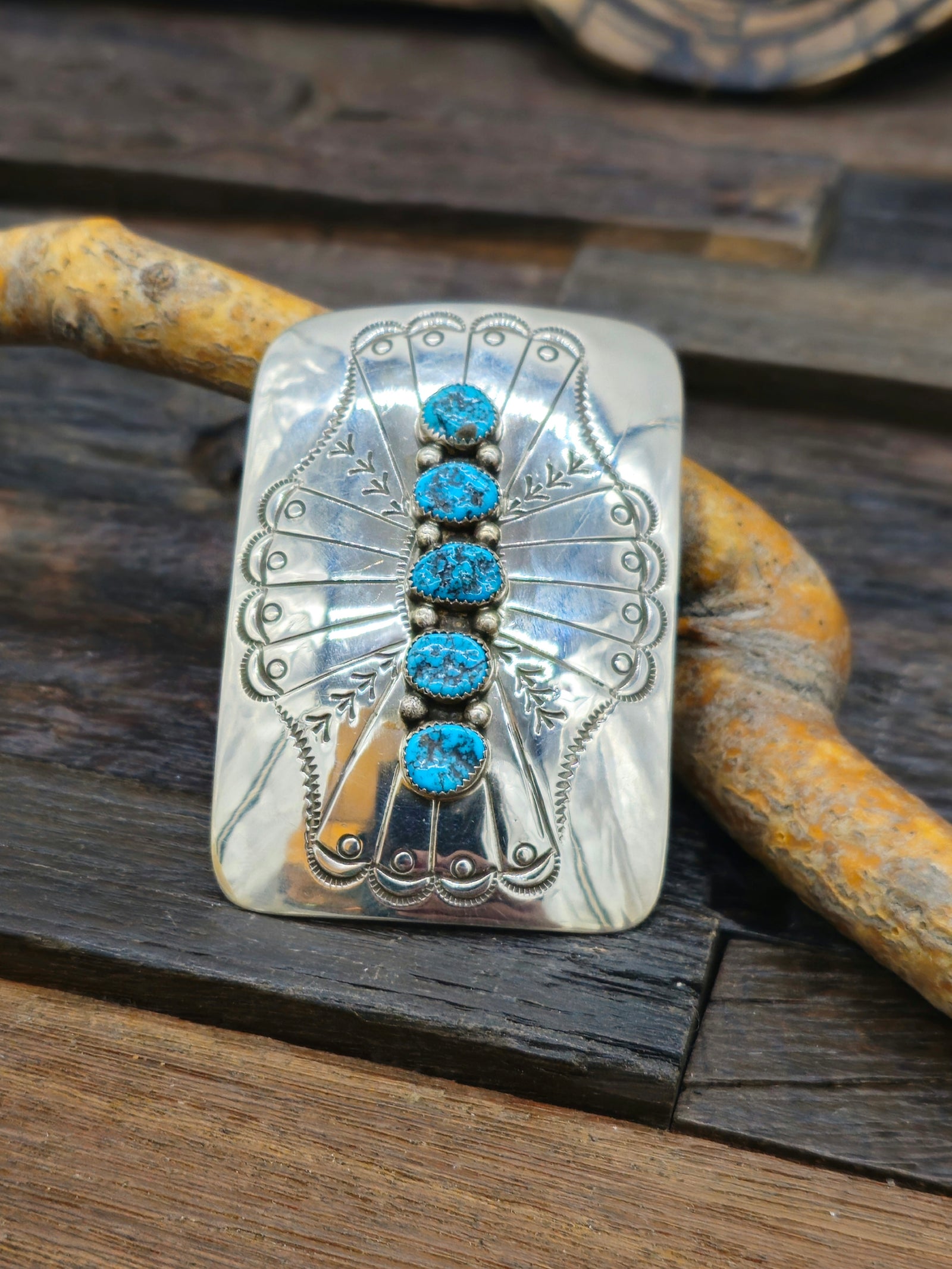 Stamped Sterling Silver and Turquoise Belt Buckle by Jolene Begay