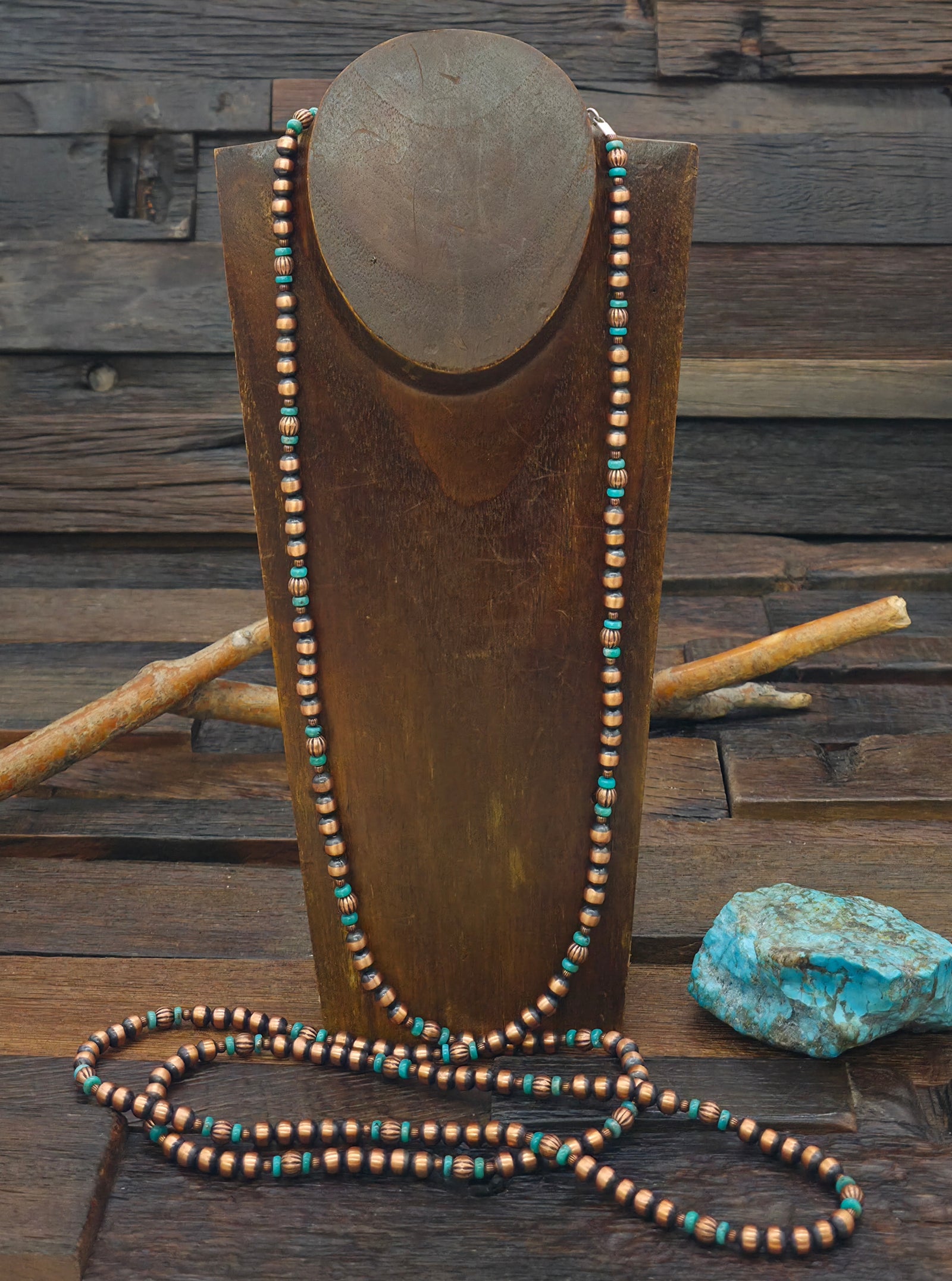 Super Long Copper and Turquoise Bead Necklace - 60 in.