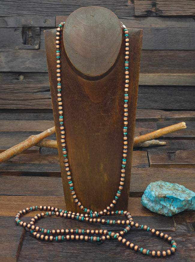 Super Long Copper and Turquoise Bead Necklace - 60 in.