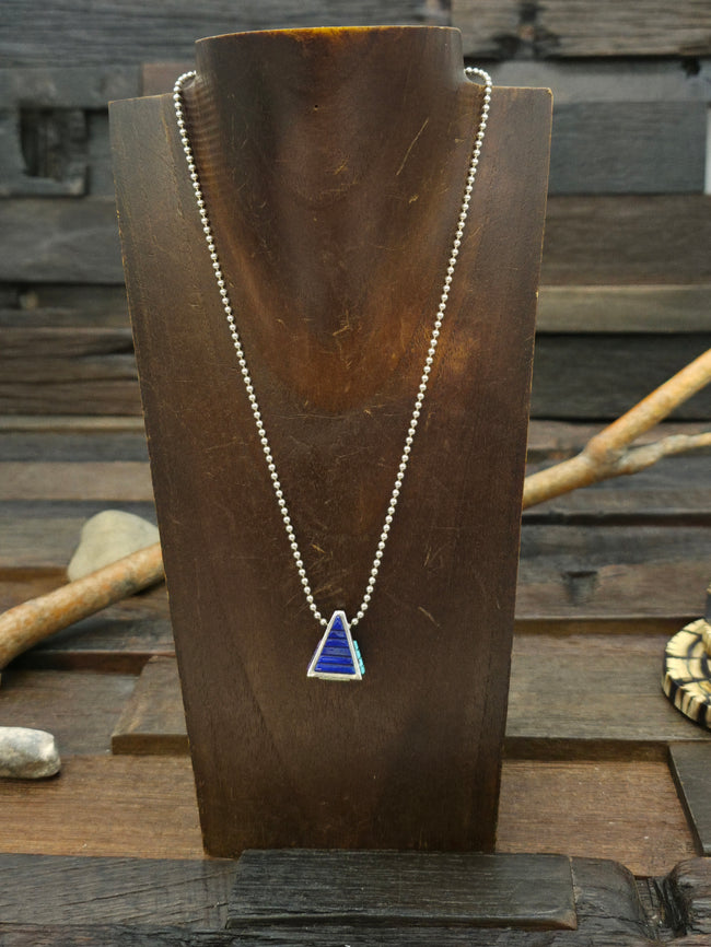 Sterling Silver Cobblestone Inlay Pyramid Pendant on 17 in. Ball Chain - Turquoise, Lapis, Onyx, Sugilite, Lab Opal
