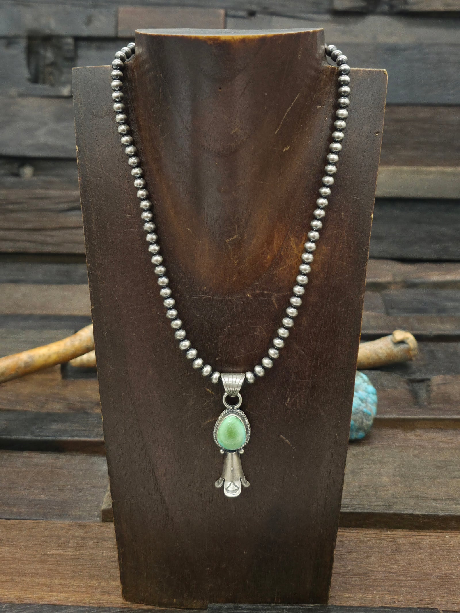 Sterling Silver Green Sonoran Turquoise Squash Blossom Pendant on Navajo Pearls by Sharon McCartney - 16 in.